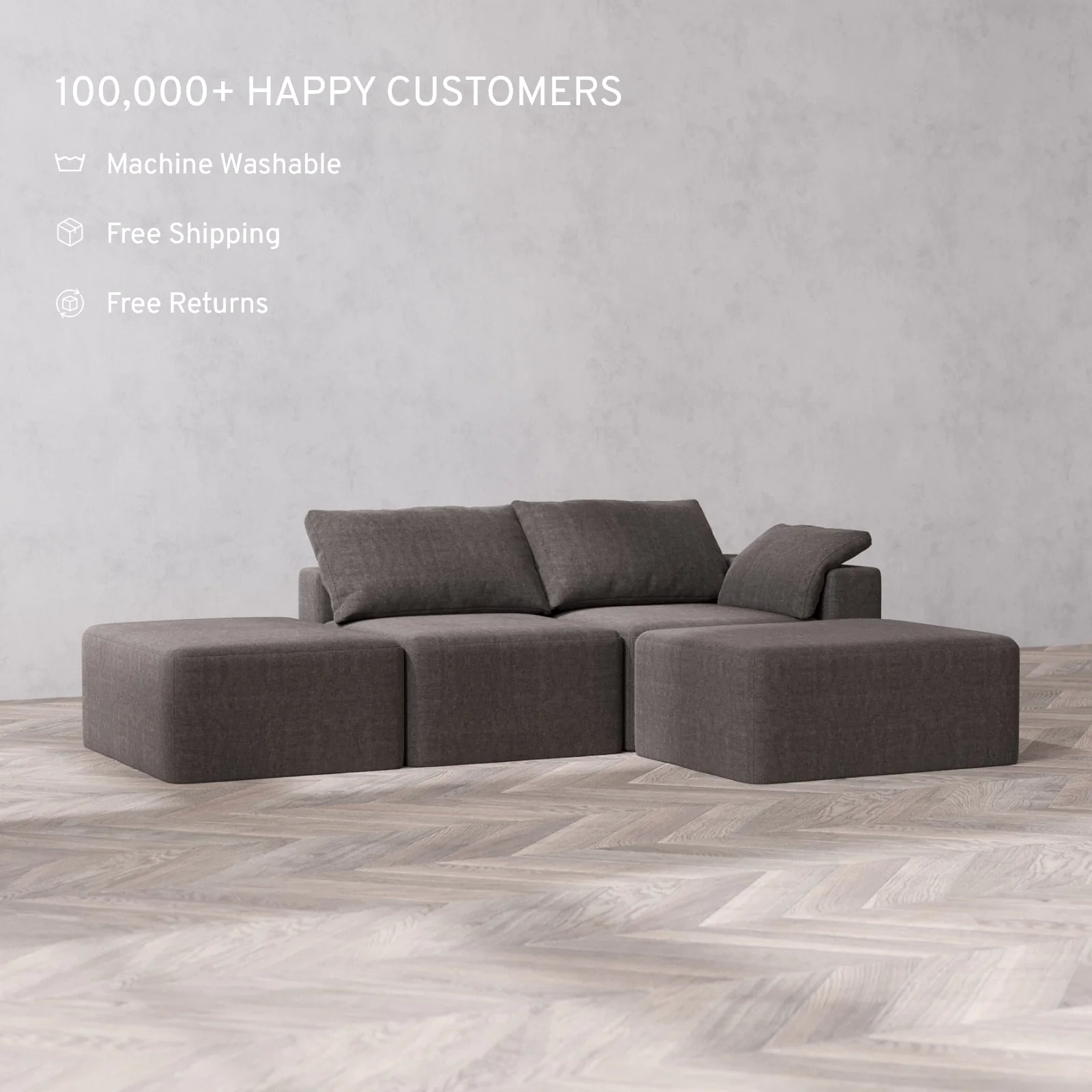 Slipcover Only - Modular Washable 2-Seater Open End Chaise Sectional Cloud Sofa in Truffle | Right-Facing Arm - Image 2