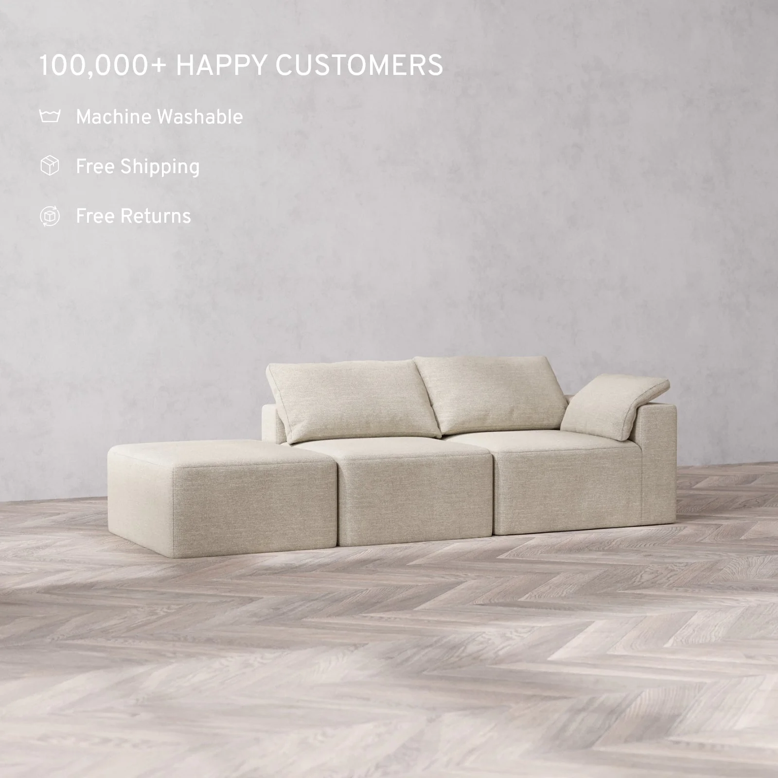 Slipcover Only - Modular Washable 2-Seater Open End Cloud Sofa in Sandstone | Right-Facing Arm - Image 2