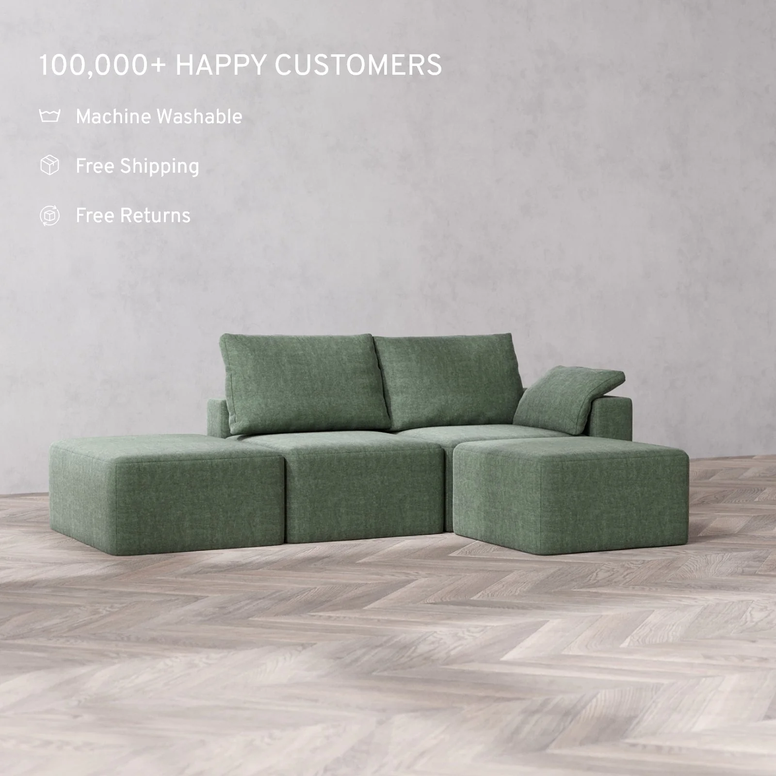 Slipcover Only - Modular Washable 2-Seater Open End Sectional Cloud + Bolster Sofa in Sage | Right-Facing Arm - Image 2