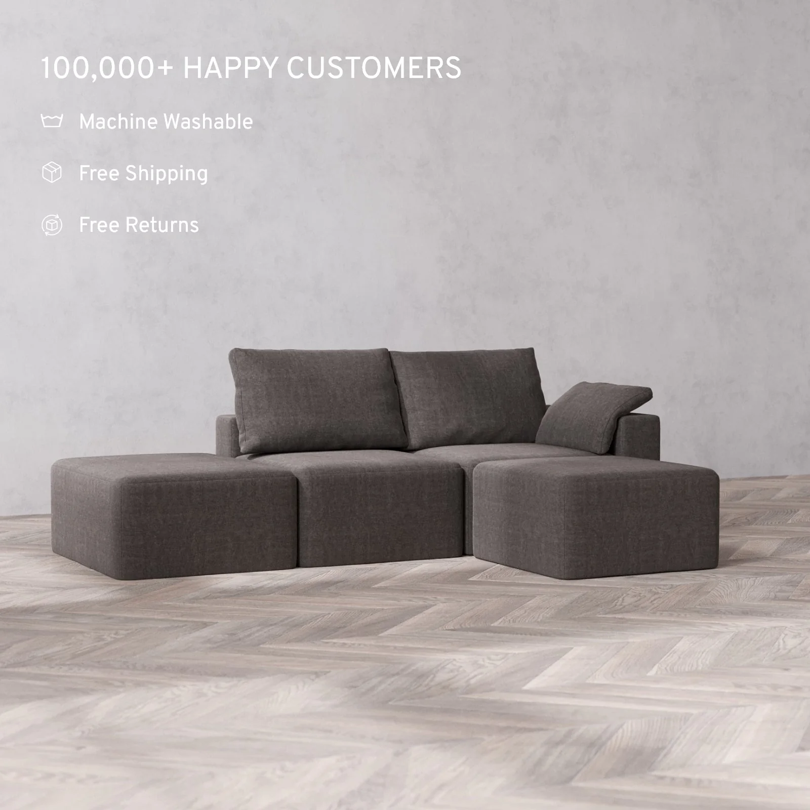 Slipcover Only - Modular Washable 2-Seater Open End Sectional Cloud + Bolster Sofa in Truffle | Right-Facing Arm - Image 2