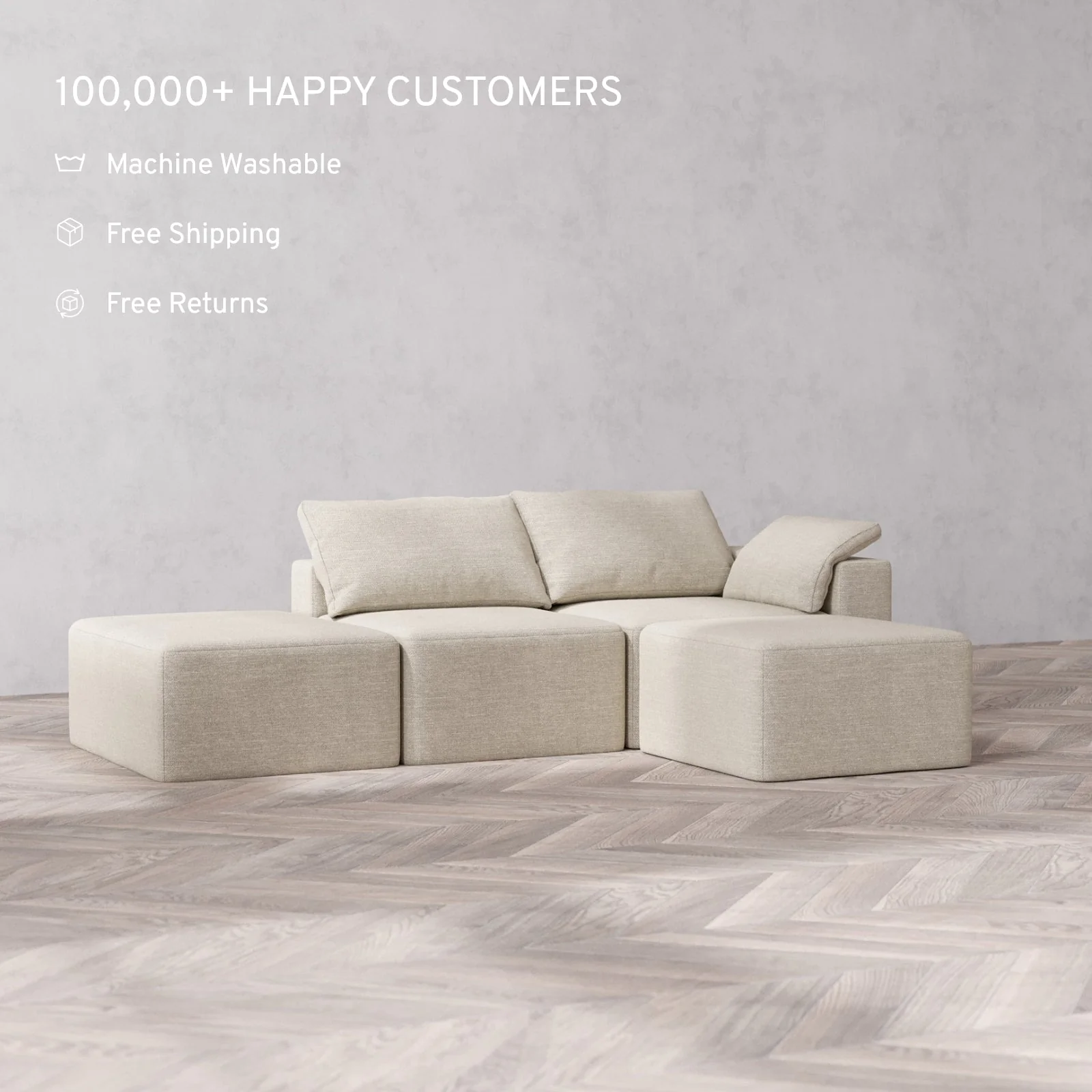 Slipcover Only - Modular Washable 2-Seater Open End Sectional Cloud Sofa in Sandstone | Right-Facing Arm - Image 2