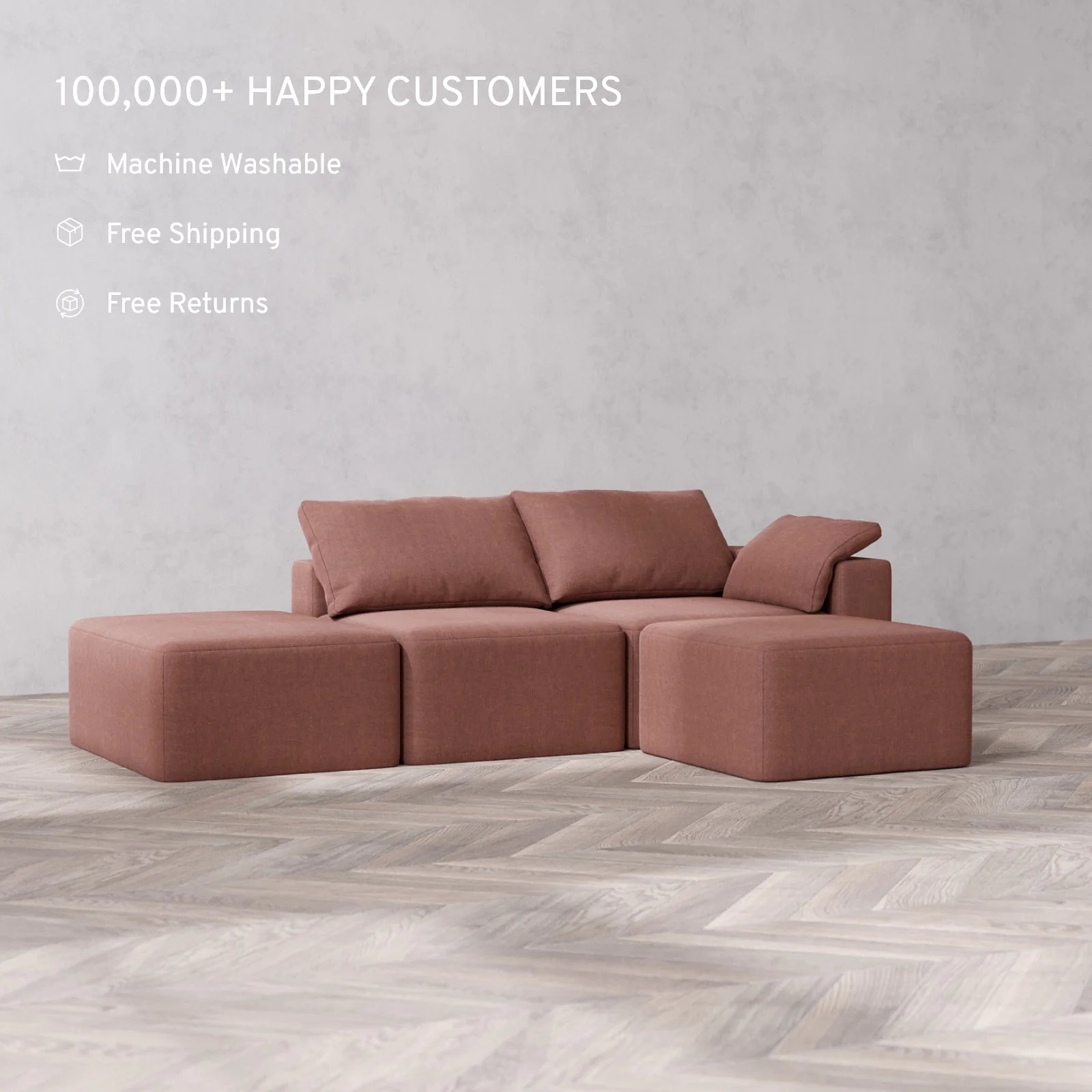 Slipcover Only - Modular Washable 2-Seater Open End Sectional Cloud Sofa in Sumac | Right-Facing Arm - Image 2