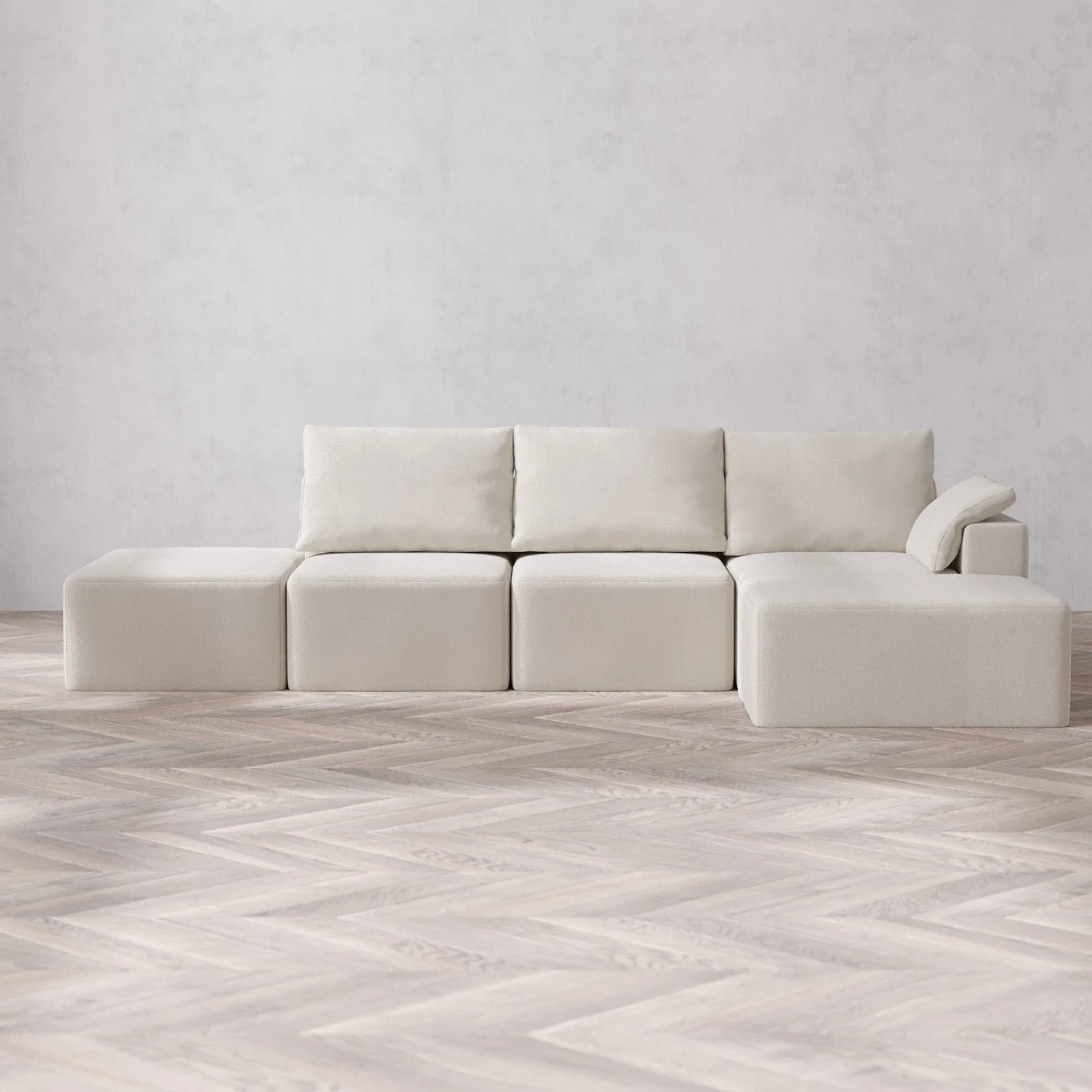 Slipcover Only - Modular Washable 3-Seater Open End Chaise Sectional Cloud + Bolster Sofa in Pearl | Right-Facing Arm