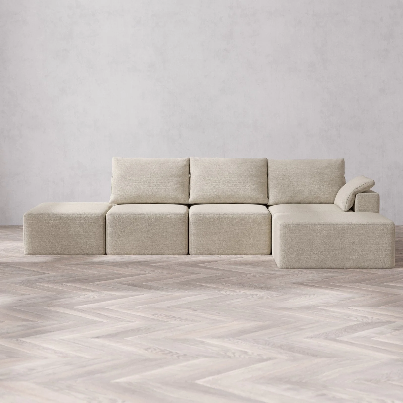 Slipcover Only - Modular Washable 3-Seater Open End Chaise Sectional Cloud + Bolster Sofa in Sandstone | Right-Facing Arm