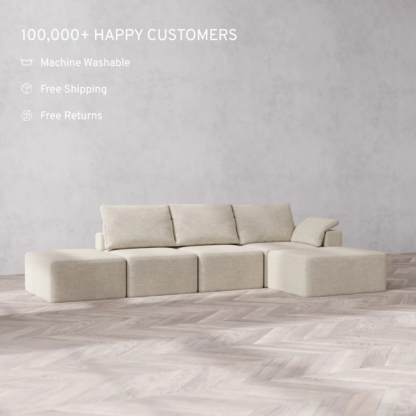 Slipcover Only - Modular Washable 3-Seater Open End Chaise Sectional Cloud + Bolster Sofa in Sandstone | Right-Facing Arm - Image 2
