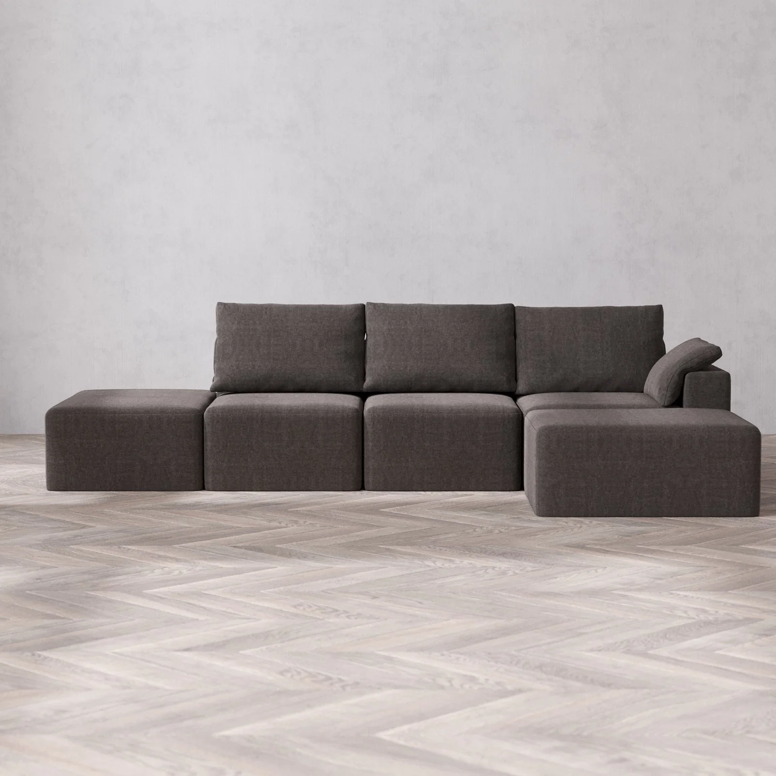 Slipcover Only - Modular Washable 3-Seater Open End Chaise Sectional Cloud + Bolster Sofa in Truffle | Right-Facing Arm