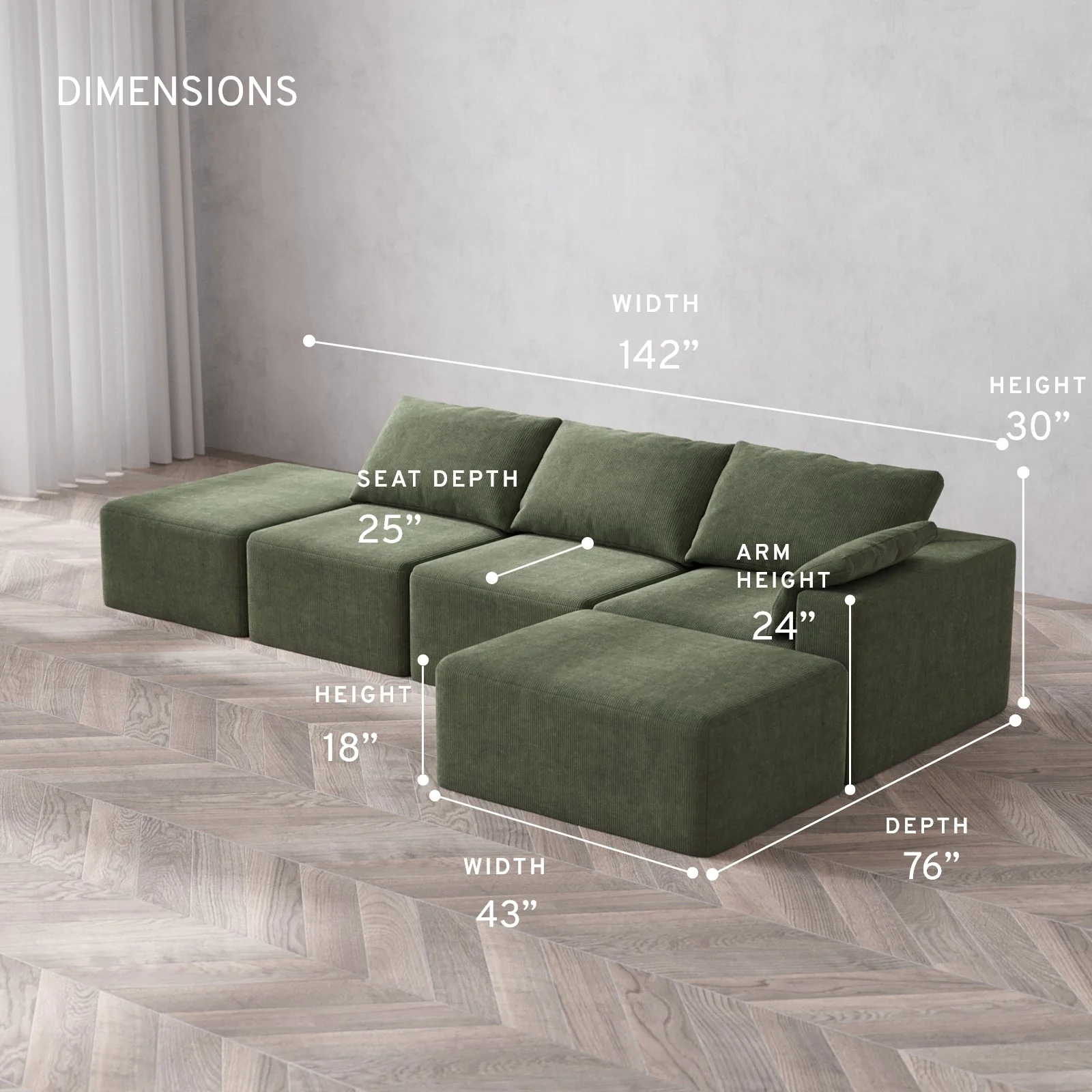 Slipcover Only - Modular Washable 3-Seater Open End Chaise Sectional Cloud Sofa in Juniper | Right-Facing Arm - Image 5