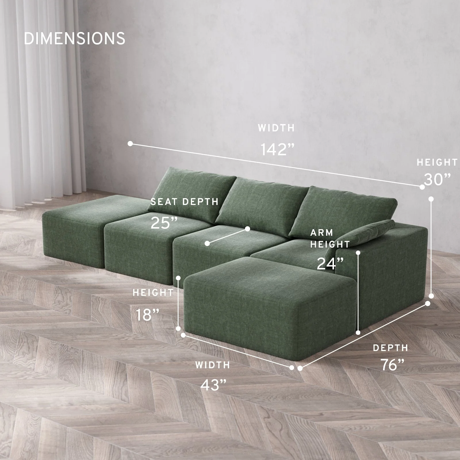 Slipcover Only - Modular Washable 3-Seater Open End Chaise Sectional Cloud Sofa in Sage | Right-Facing Arm - Image 5