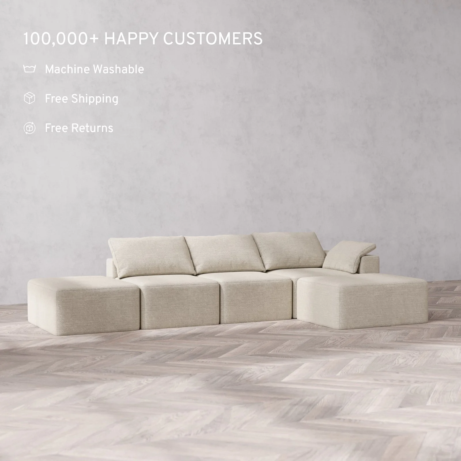 Slipcover Only - Modular Washable 3-Seater Open End Chaise Sectional Cloud Sofa in Sandstone | Right-Facing Arm - Image 2