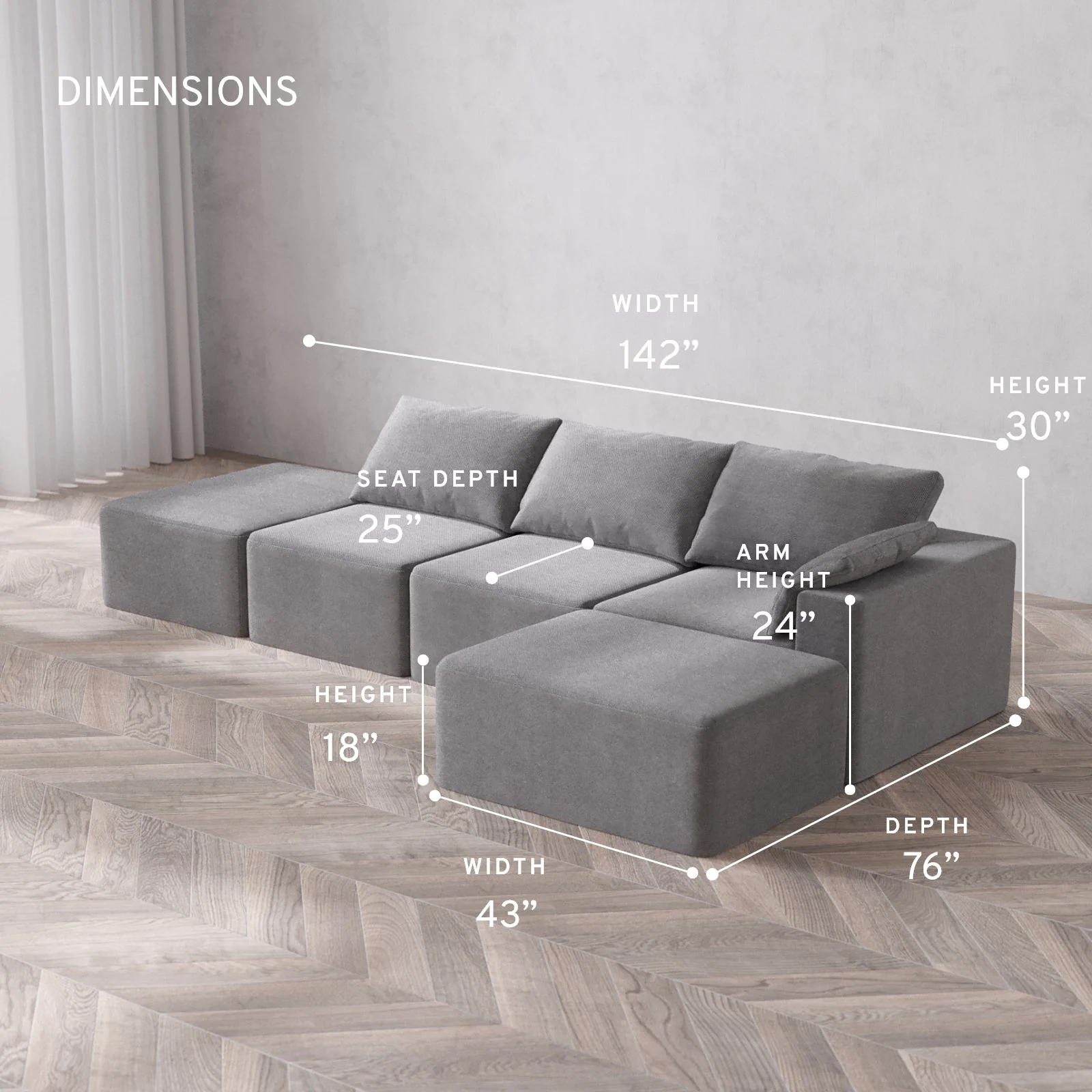 Slipcover Only - Modular Washable 3-Seater Open End Chaise Sectional Cloud Sofa in Slate | Right-Facing Arm - Image 5