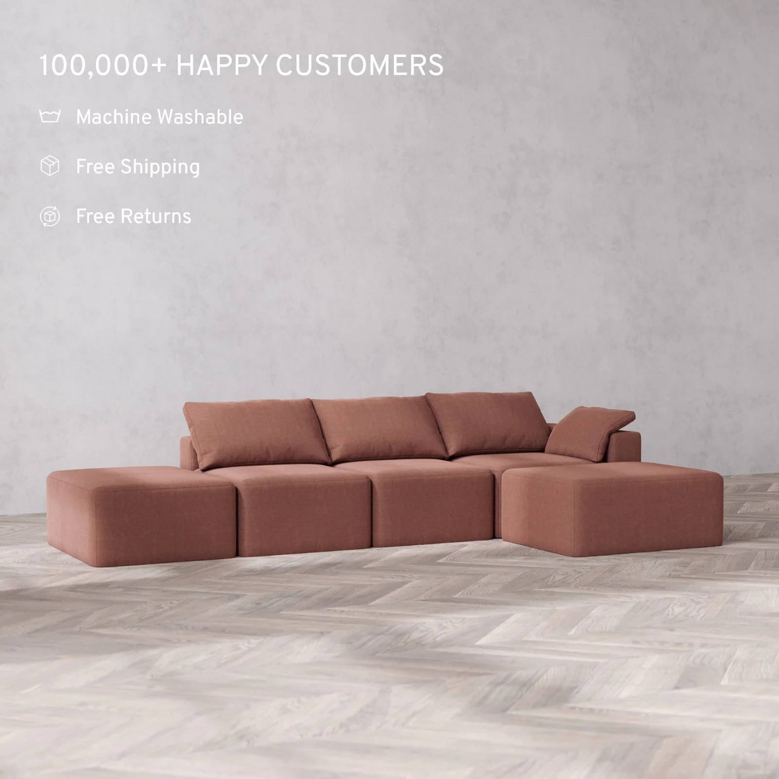 Slipcover Only - Modular Washable 3-Seater Open End Chaise Sectional Cloud Sofa in Sumac | Right-Facing Arm - Image 2