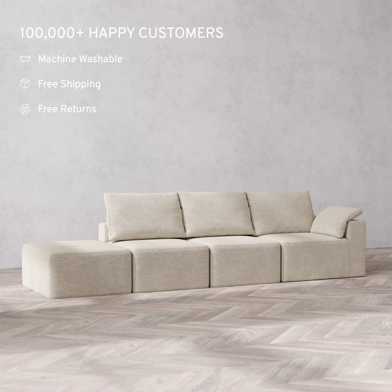 Slipcover Only - Modular Washable 3-Seater Open End Cloud + Bolster Sofa in Sandstone | Right-Facing Arm - Image 2
