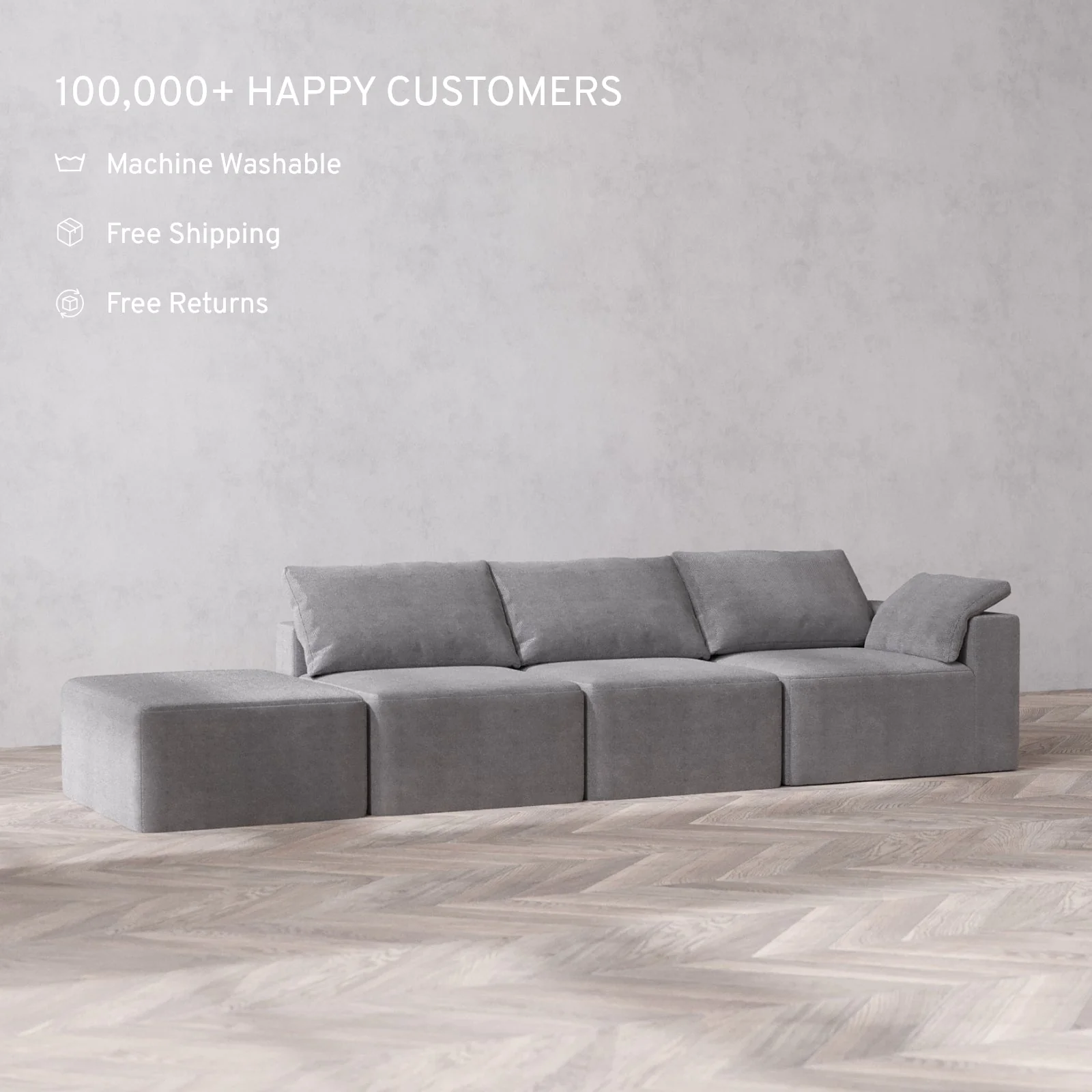Slipcover Only - Modular Washable 3-Seater Open End Cloud Sofa in Slate | Right-Facing Arm - Image 2