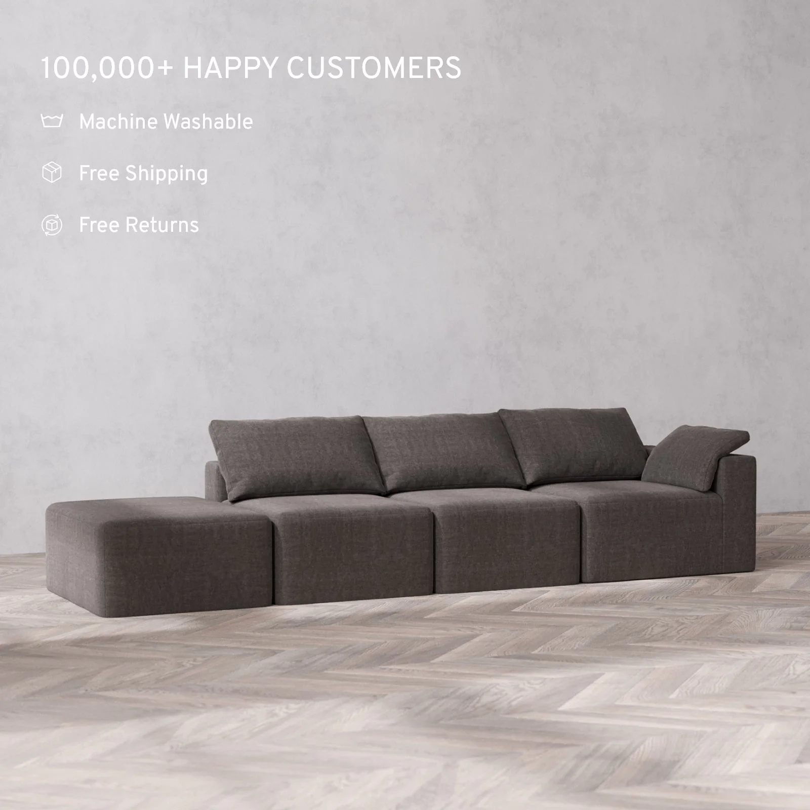 Slipcover Only - Modular Washable 3-Seater Open End Cloud Sofa in Truffle | Right-Facing Arm - Image 2