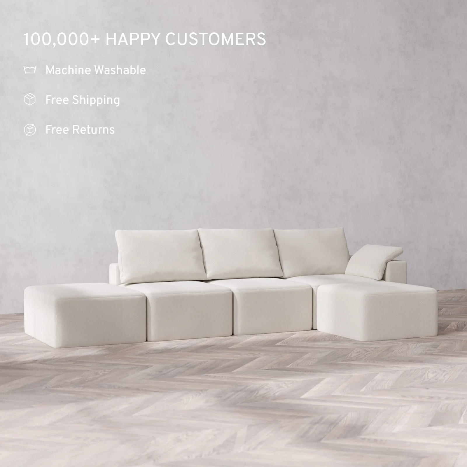 Slipcover Only - Modular Washable 3-Seater Open End Sectional Cloud + Bolster Sofa in Pearl | Right-Facing Arm - Image 2