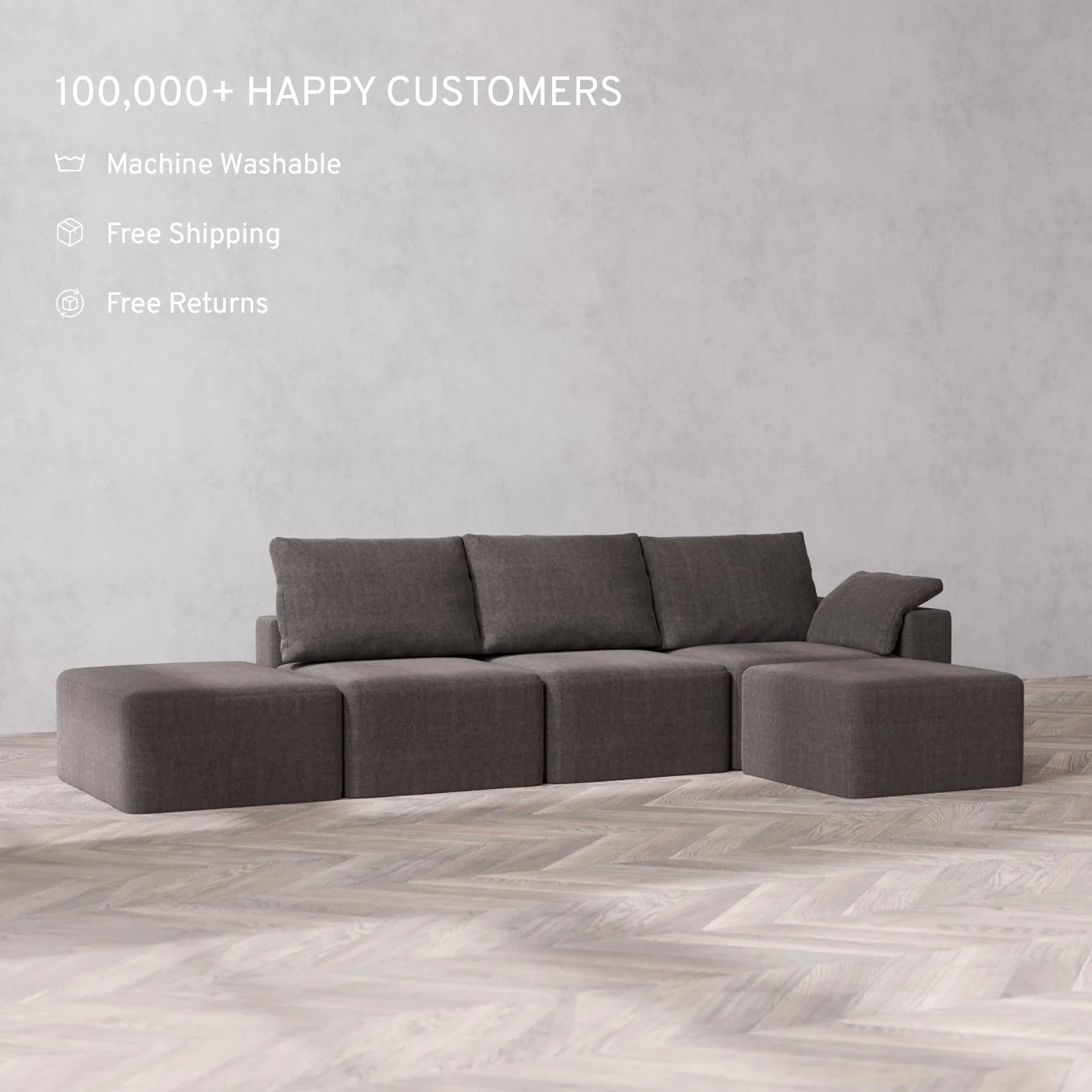 Slipcover Only - Modular Washable 3-Seater Open End Sectional Cloud + Bolster Sofa in Truffle | Right-Facing Arm - Image 2
