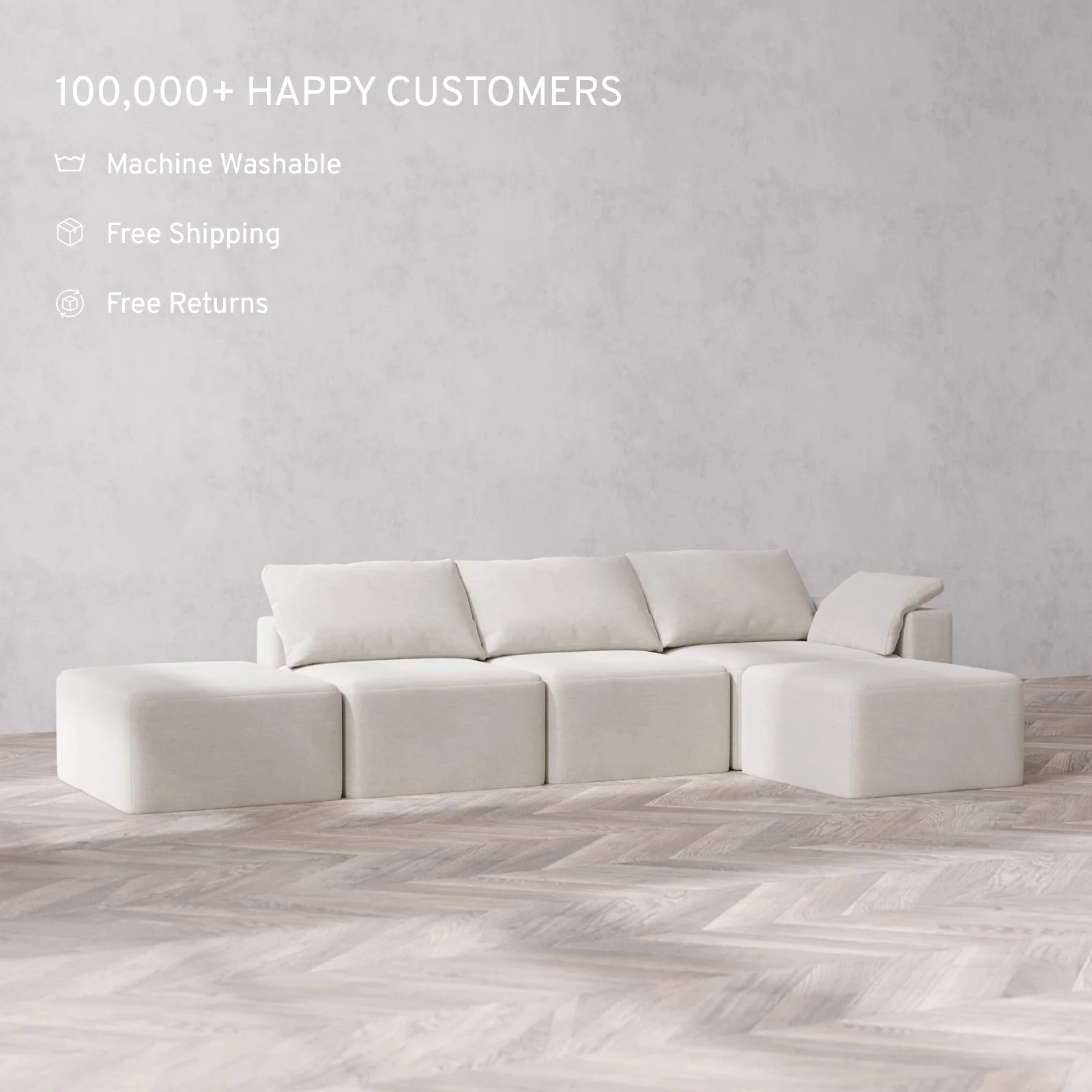 Slipcover Only - Modular Washable 3-Seater Open End Sectional Cloud Sofa in Cashew | Right-Facing Arm - Image 2