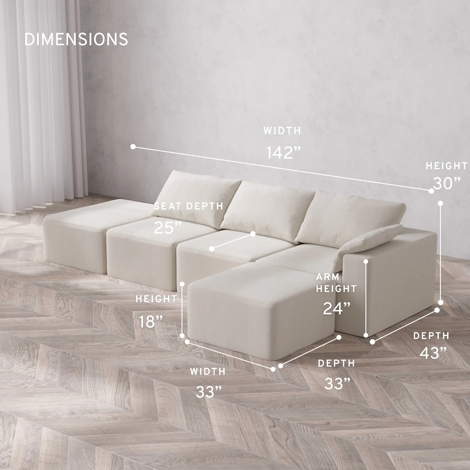Slipcover Only - Modular Washable 3-Seater Open End Sectional Cloud Sofa in Pearl | Right-Facing Arm - Image 5