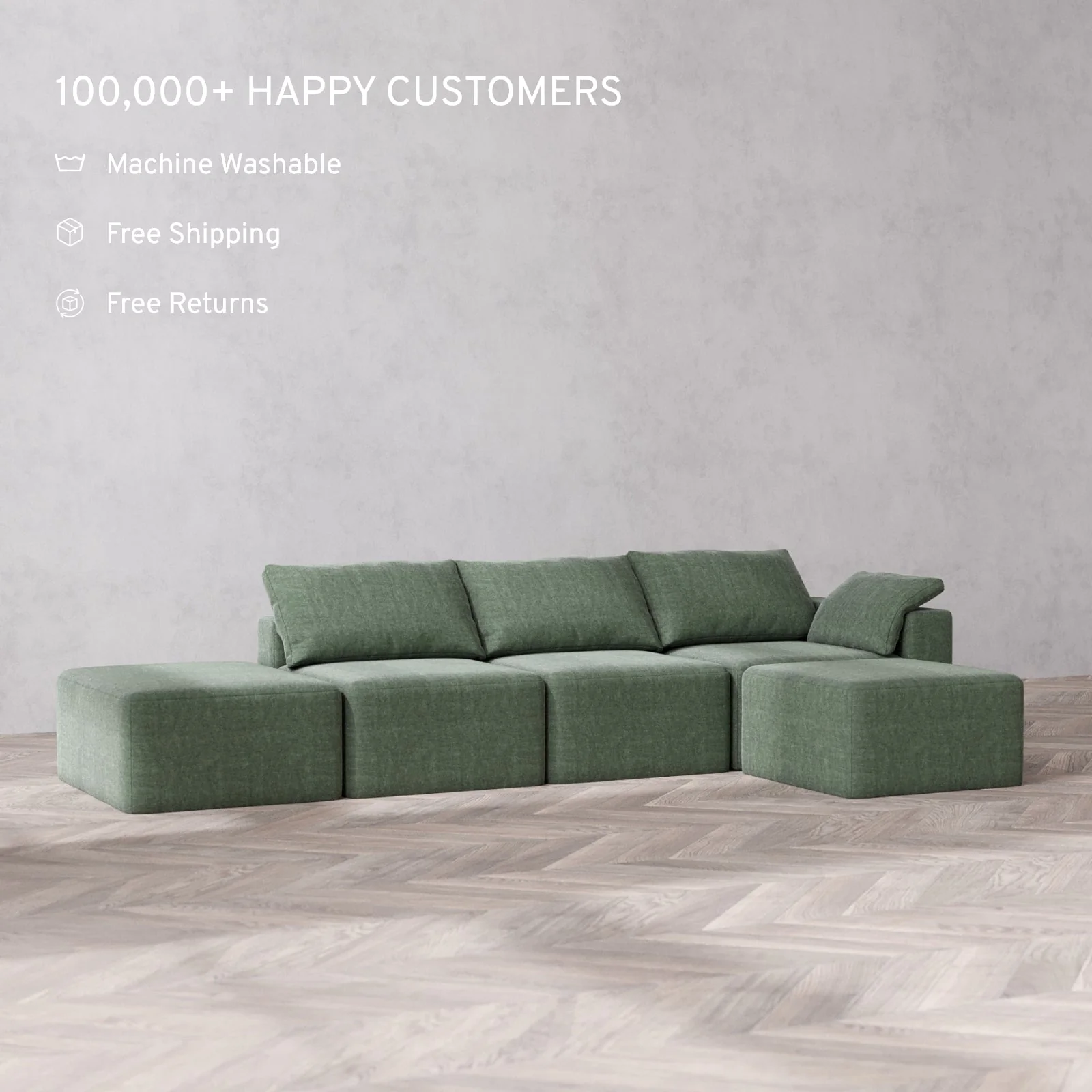 Slipcover Only - Modular Washable 3-Seater Open End Sectional Cloud Sofa in Sage | Right-Facing Arm - Image 2
