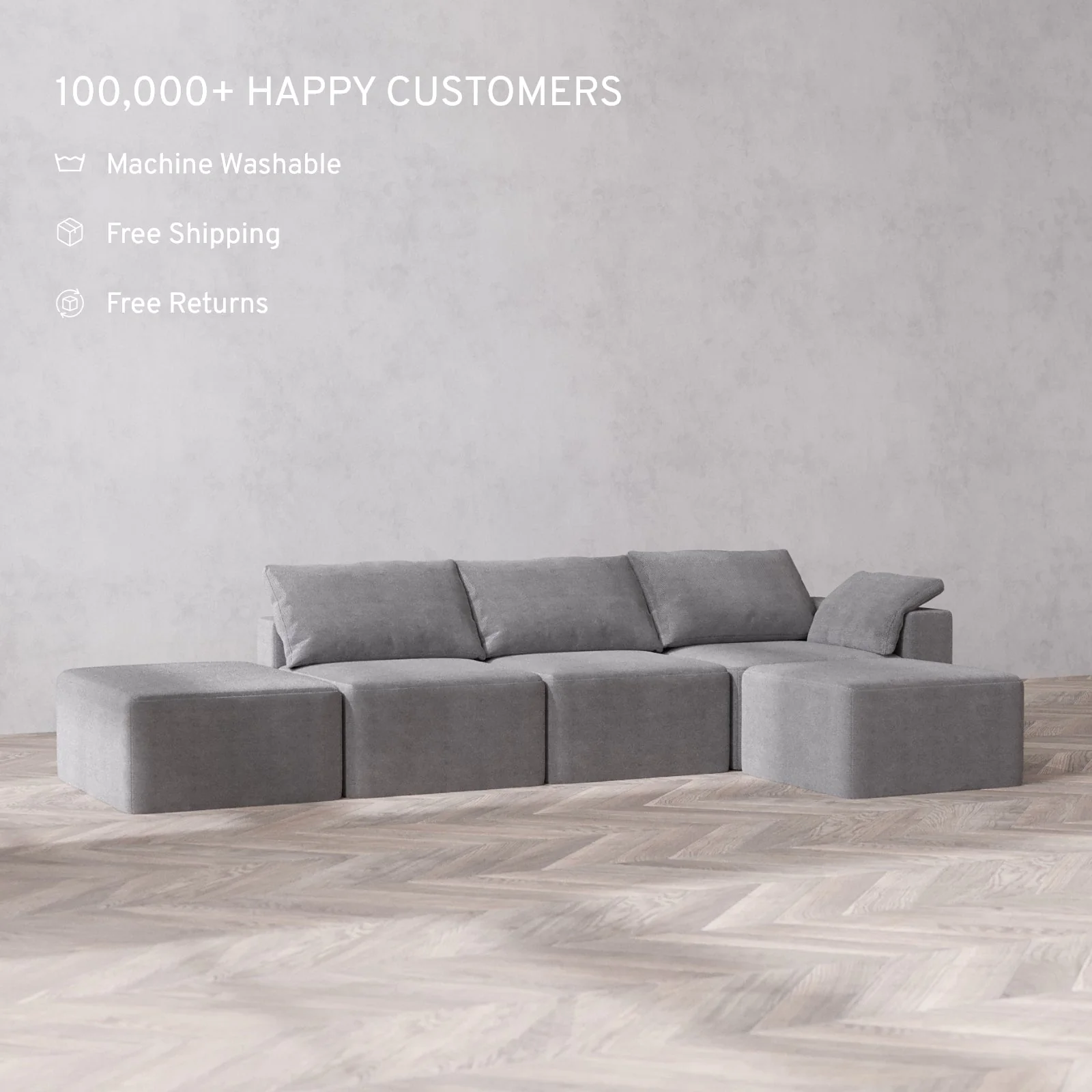 Slipcover Only - Modular Washable 3-Seater Open End Sectional Cloud Sofa in Slate | Right-Facing Arm - Image 2