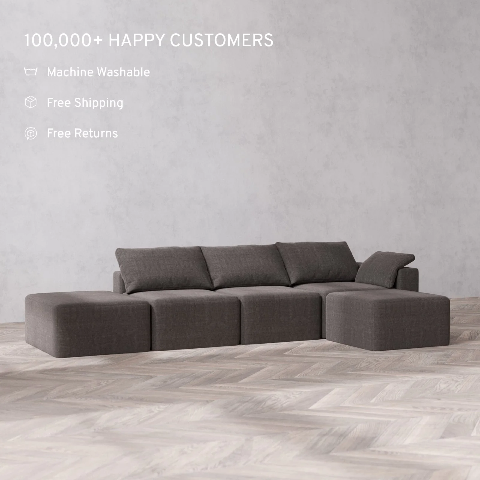 Slipcover Only - Modular Washable 3-Seater Open End Sectional Cloud Sofa in Truffle | Right-Facing Arm - Image 2