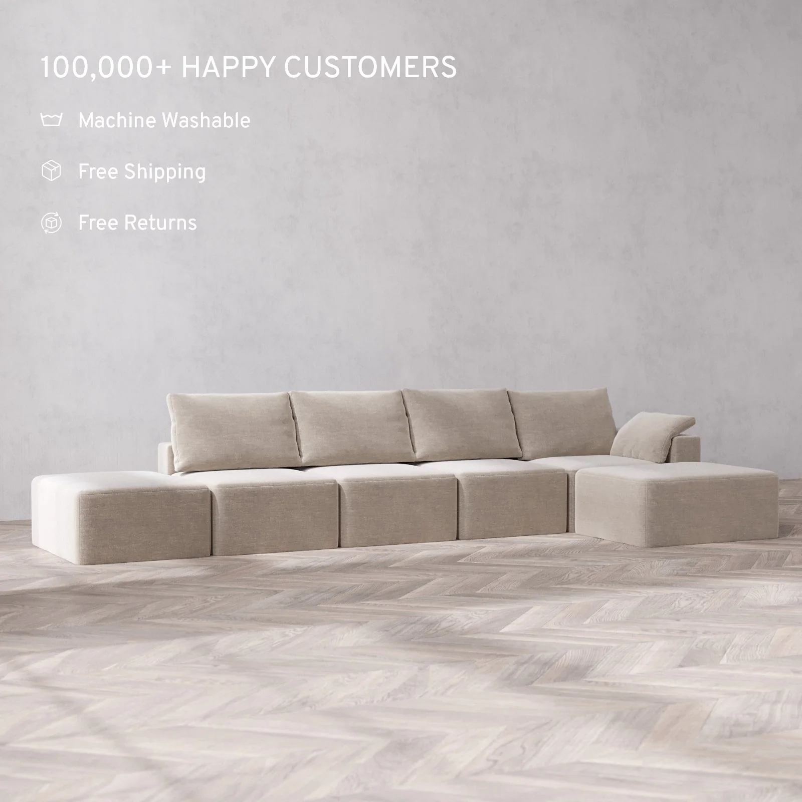 Slipcover Only - Modular Washable 4-Seater Open End Chaise Sectional Cloud + Bolster Sofa in Caraway | Right-Facing Arm - Image 2