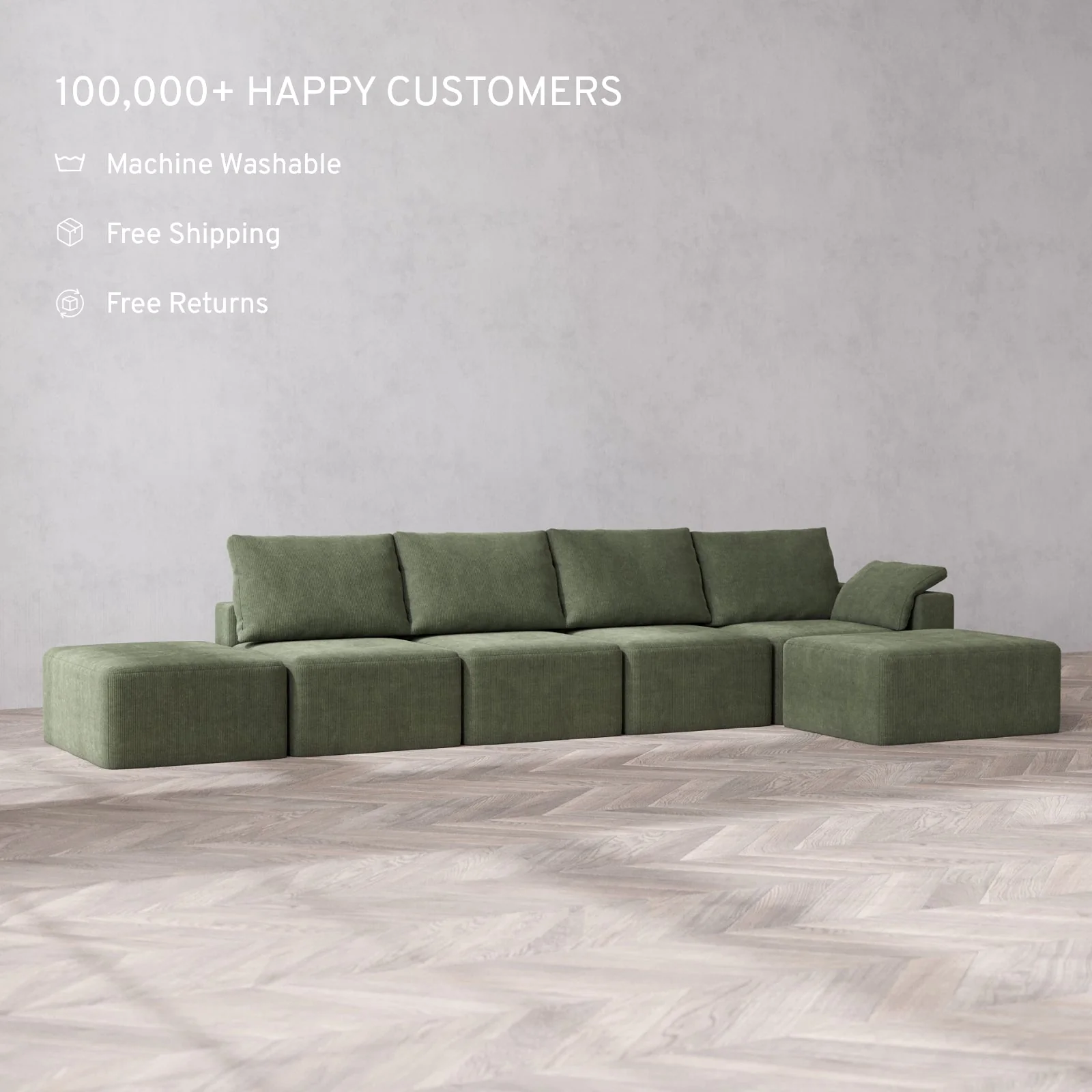 Slipcover Only - Modular Washable 4-Seater Open End Chaise Sectional Cloud + Bolster Sofa in Juniper | Right-Facing Arm - Image 2
