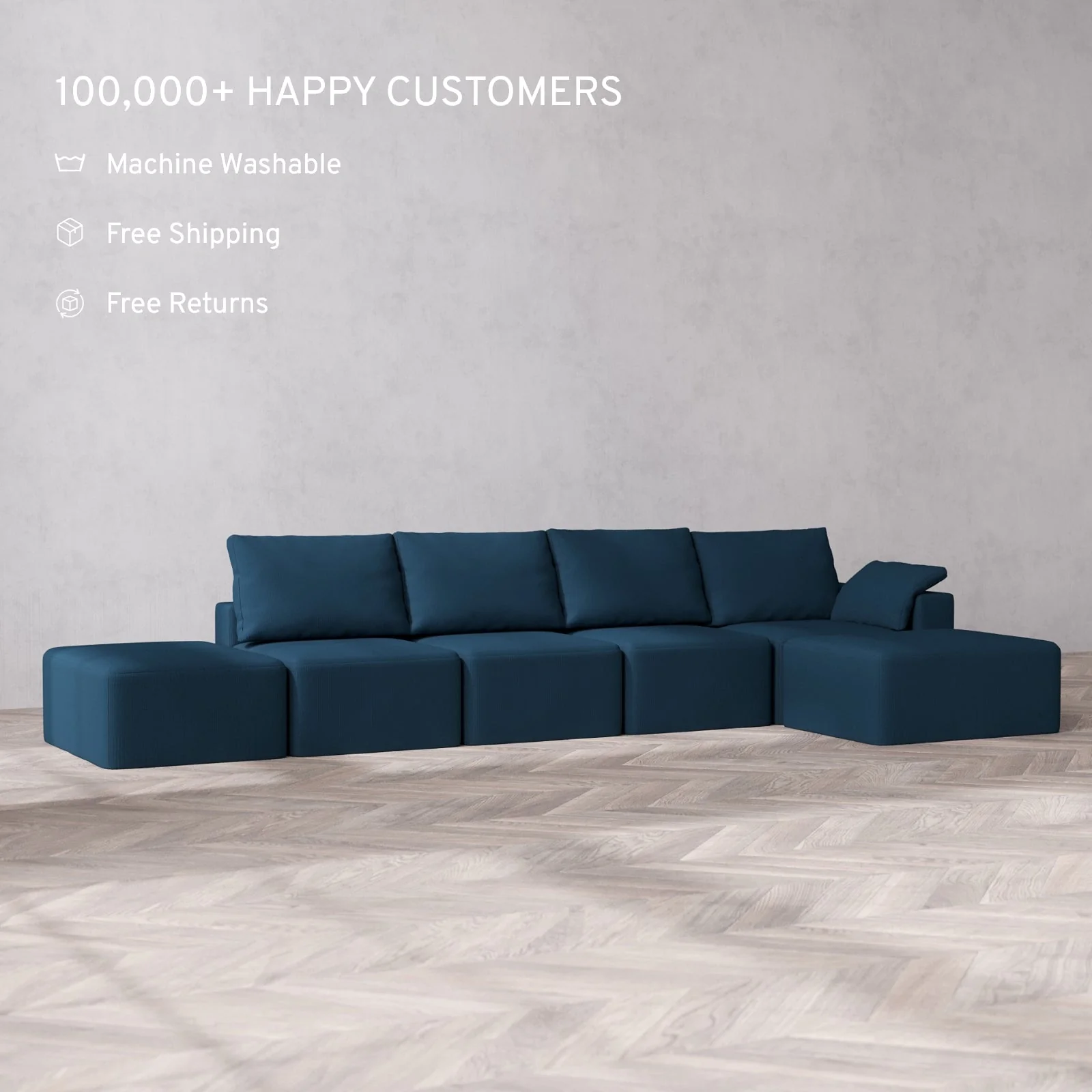 Slipcover Only - Modular Washable 4-Seater Open End Chaise Sectional Cloud + Bolster Sofa in Lazuli | Right-Facing Arm - Image 2