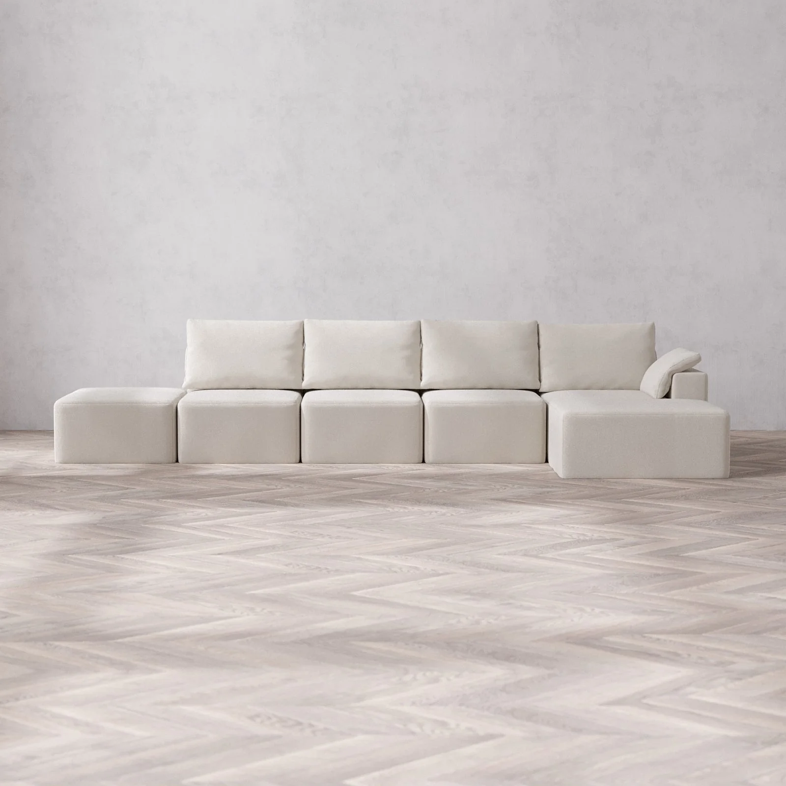 Slipcover Only - Modular Washable 4-Seater Open End Chaise Sectional Cloud + Bolster Sofa in Pearl | Right-Facing Arm