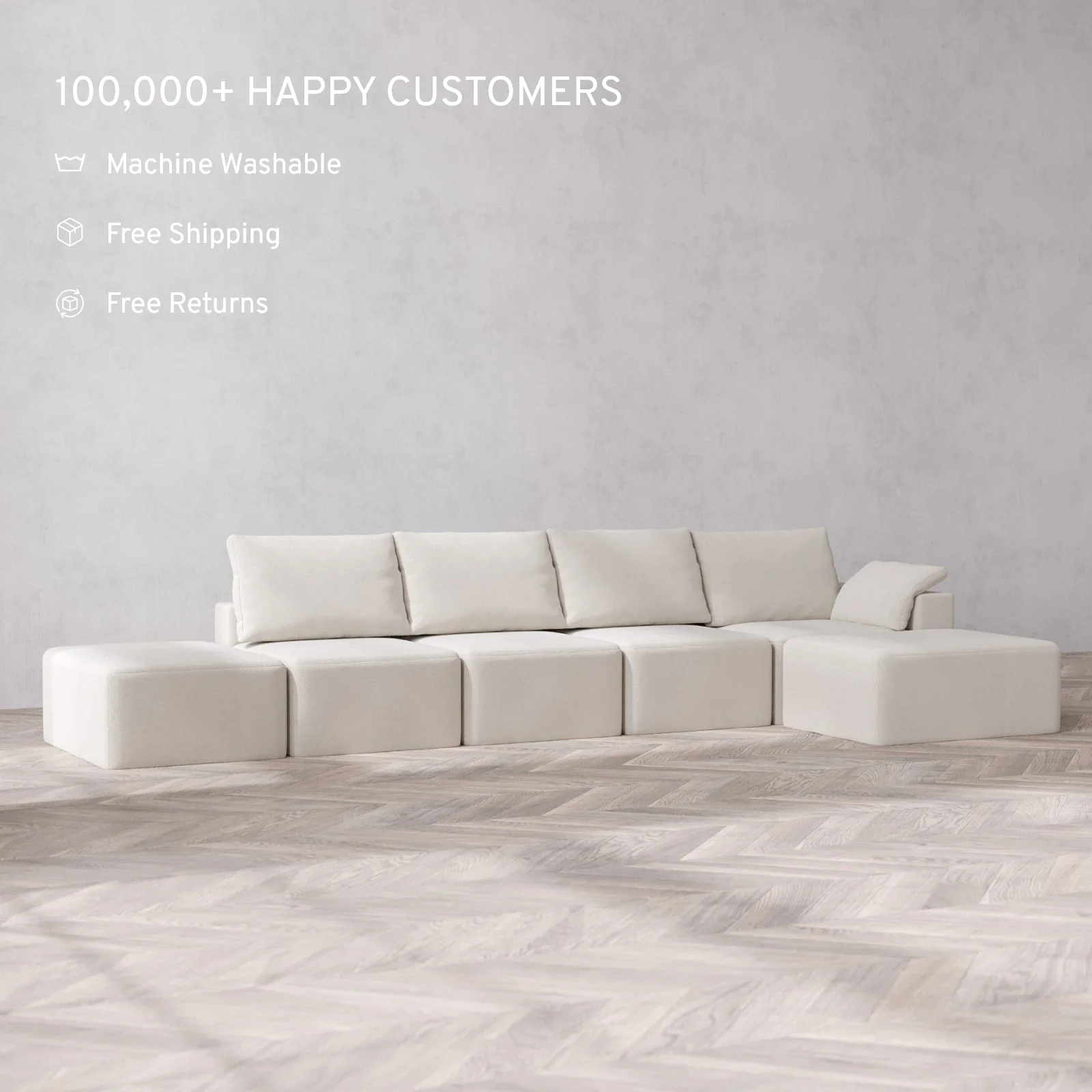 Slipcover Only - Modular Washable 4-Seater Open End Chaise Sectional Cloud + Bolster Sofa in Pearl | Right-Facing Arm - Image 2