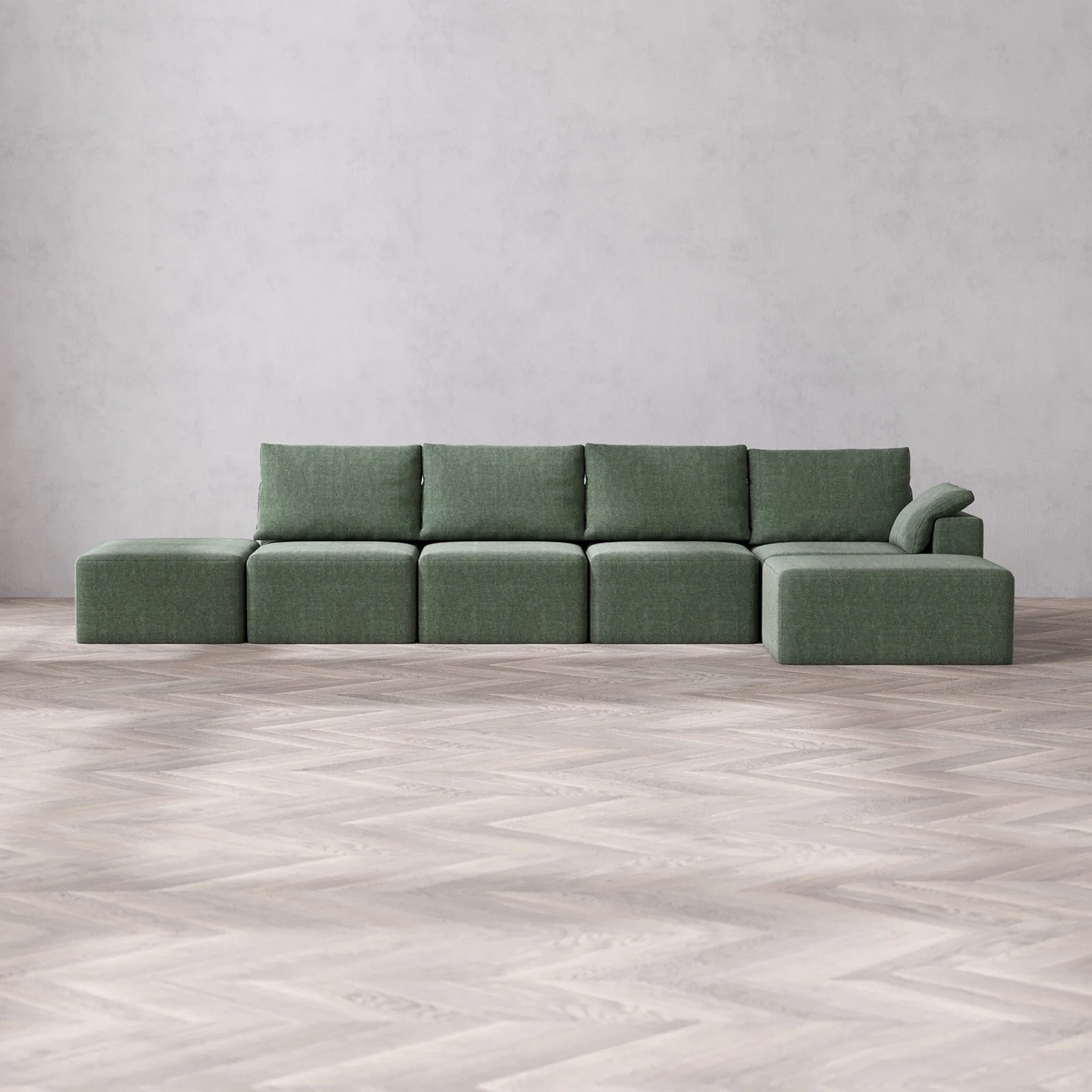 Slipcover Only - Modular Washable 4-Seater Open End Chaise Sectional Cloud + Bolster Sofa in Sage | Right-Facing Arm