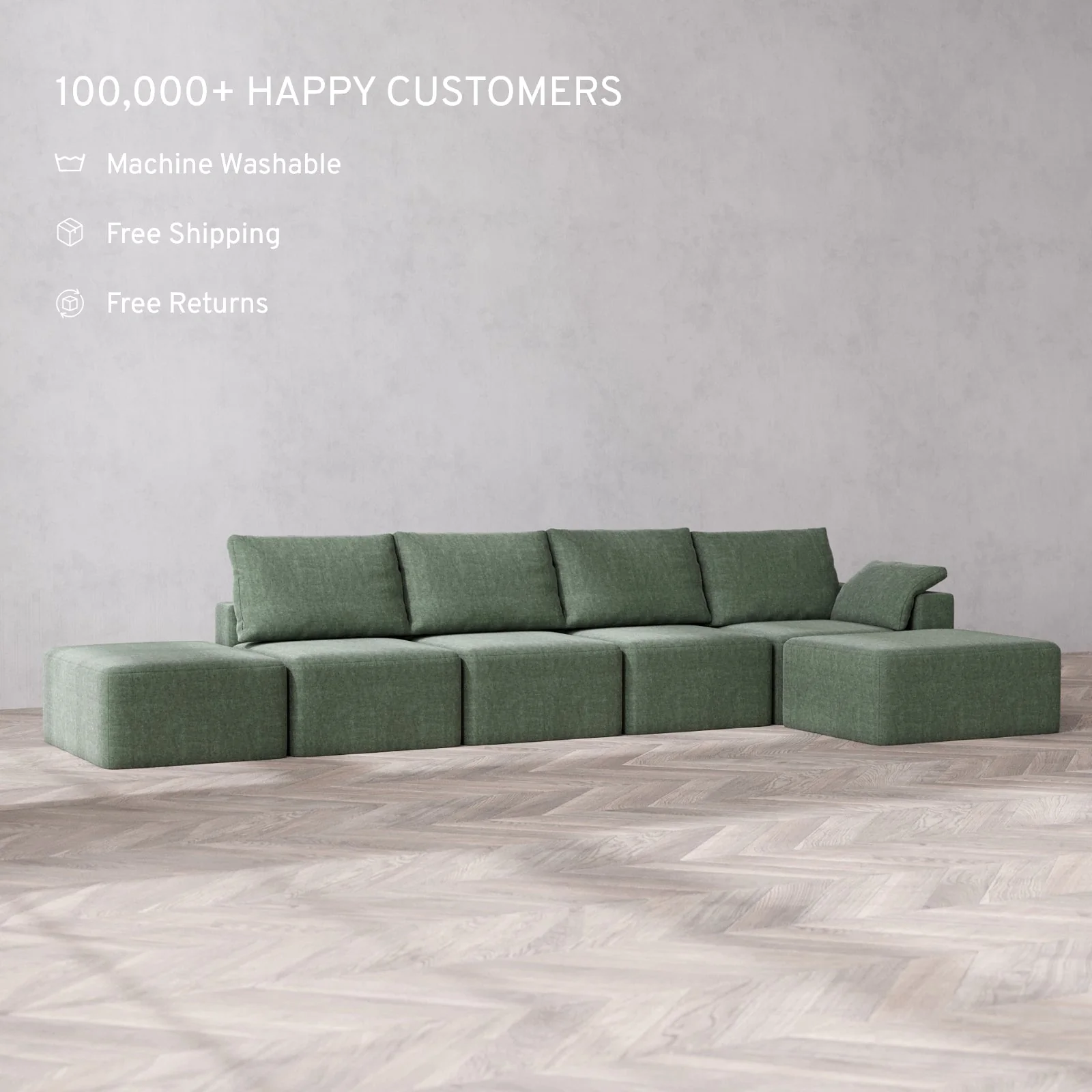 Slipcover Only - Modular Washable 4-Seater Open End Chaise Sectional Cloud + Bolster Sofa in Sage | Right-Facing Arm - Image 2