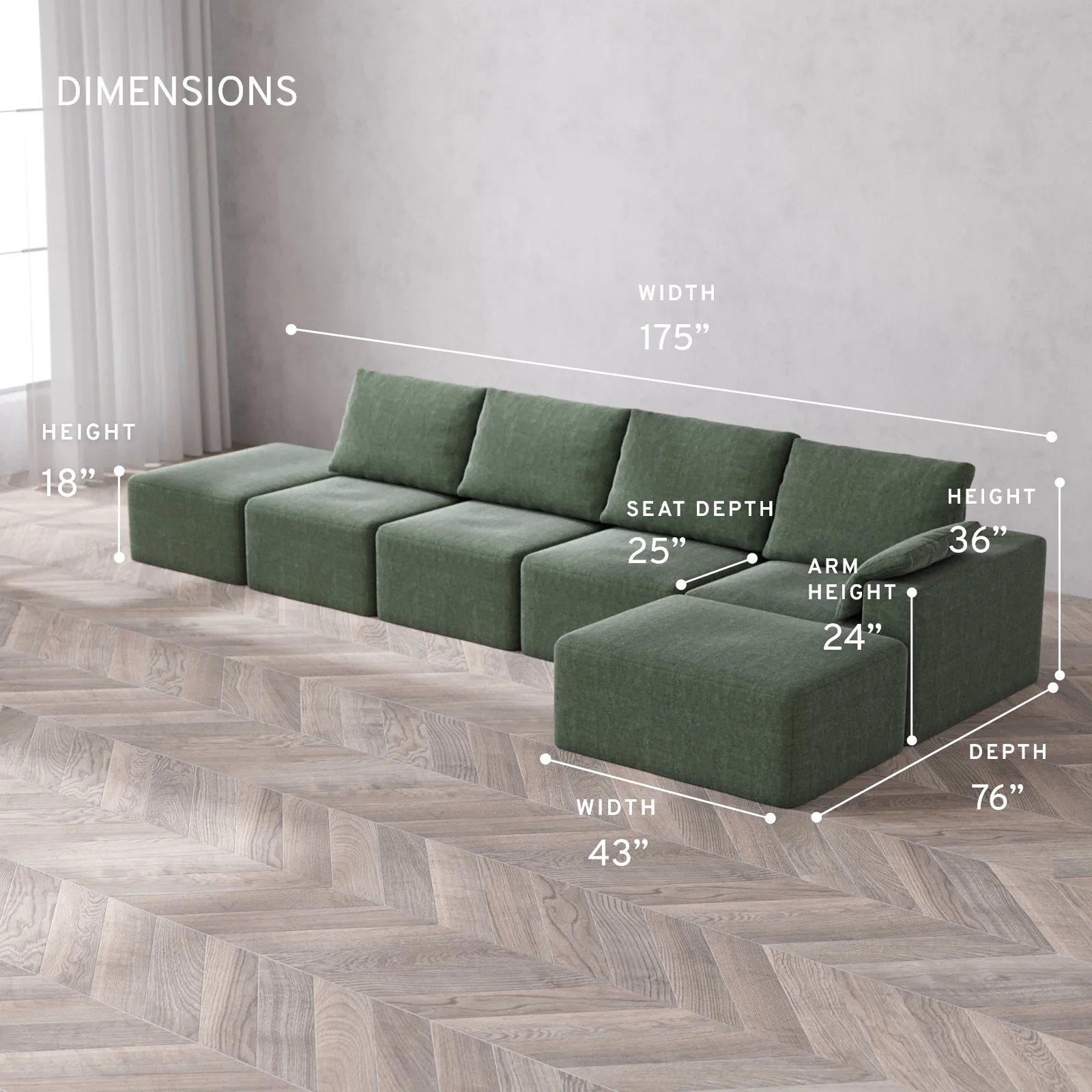 Slipcover Only - Modular Washable 4-Seater Open End Chaise Sectional Cloud + Bolster Sofa in Sage | Right-Facing Arm - Image 5