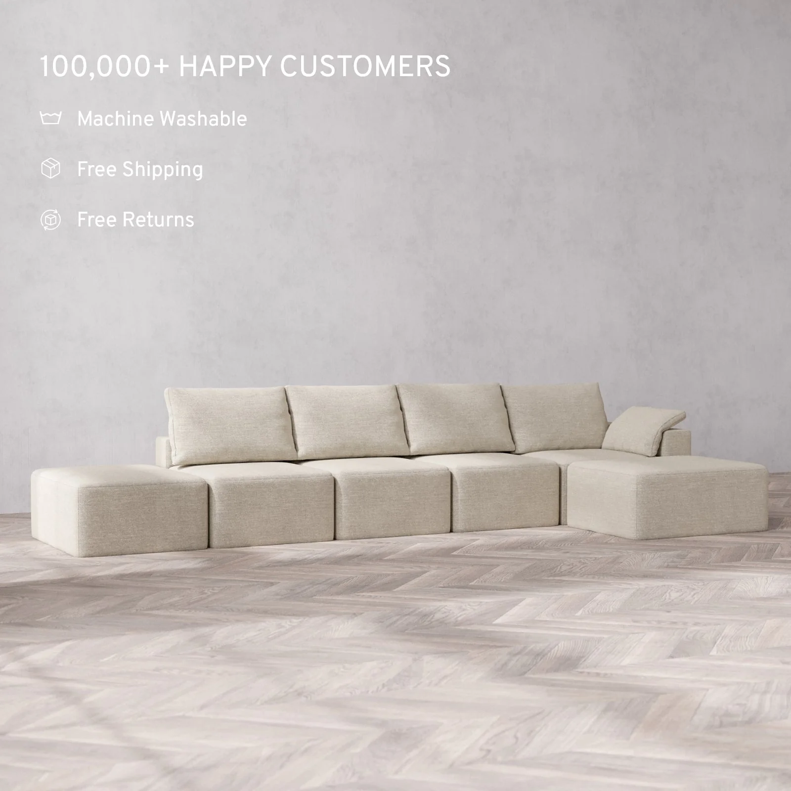 Slipcover Only - Modular Washable 4-Seater Open End Chaise Sectional Cloud + Bolster Sofa in Sandstone | Right-Facing Arm - Image 2