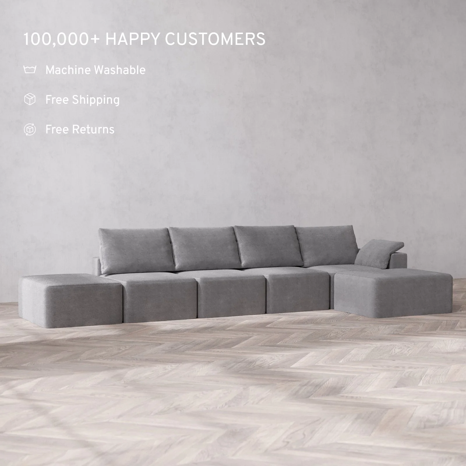 Slipcover Only - Modular Washable 4-Seater Open End Chaise Sectional Cloud + Bolster Sofa in Slate | Right-Facing Arm - Image 2