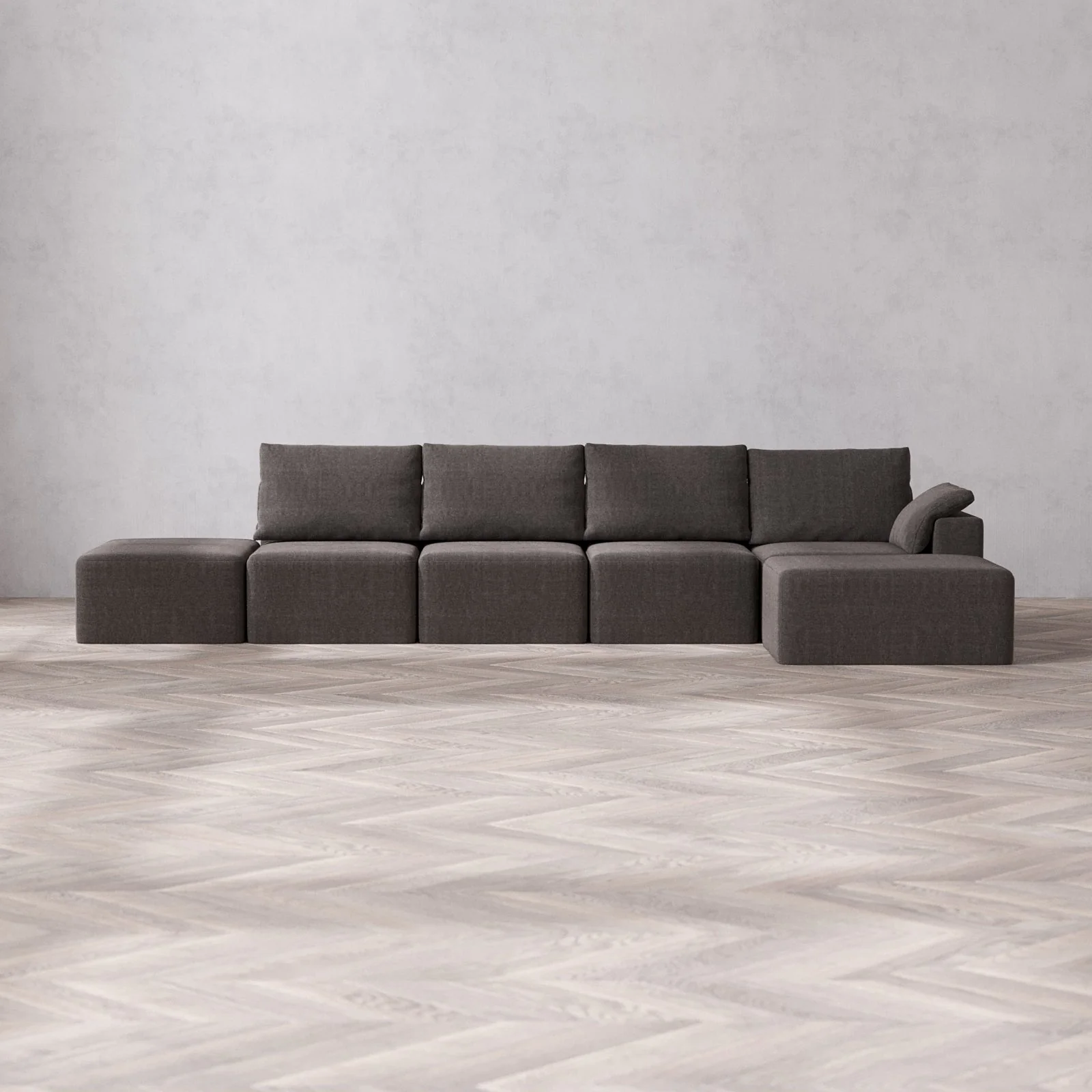 Slipcover Only - Modular Washable 4-Seater Open End Chaise Sectional Cloud + Bolster Sofa in Truffle | Right-Facing Arm