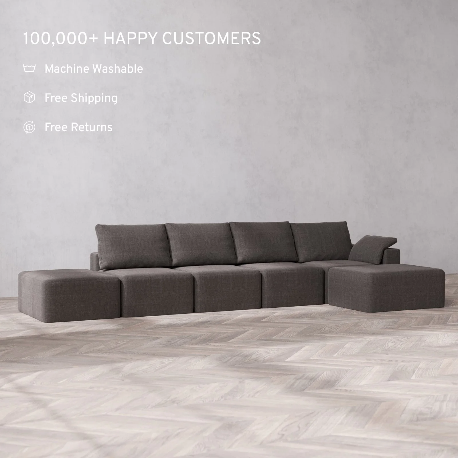 Slipcover Only - Modular Washable 4-Seater Open End Chaise Sectional Cloud + Bolster Sofa in Truffle | Right-Facing Arm - Image 2