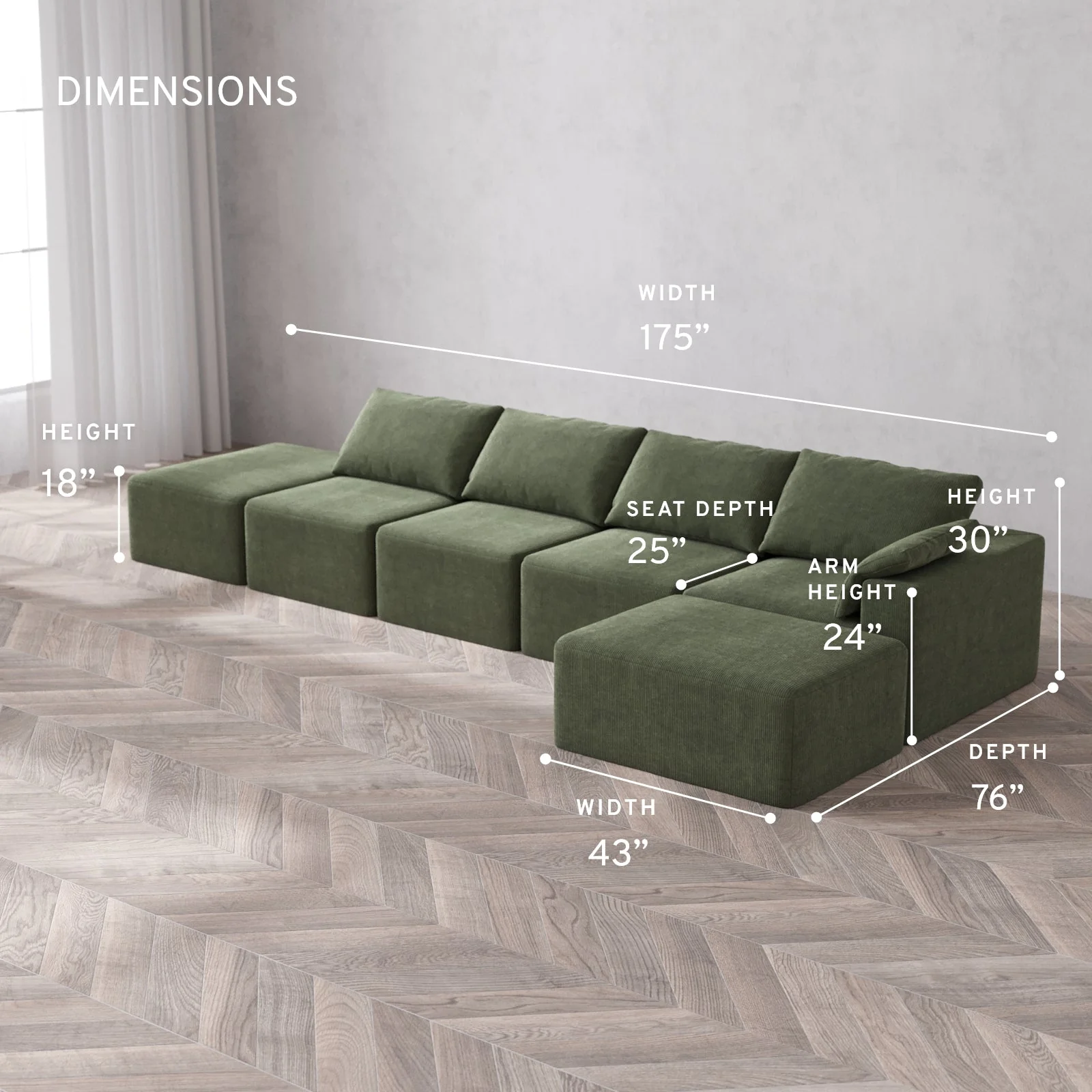 Slipcover Only - Modular Washable 4-Seater Open End Chaise Sectional Cloud Sofa in Juniper | Right-Facing Arm - Image 5