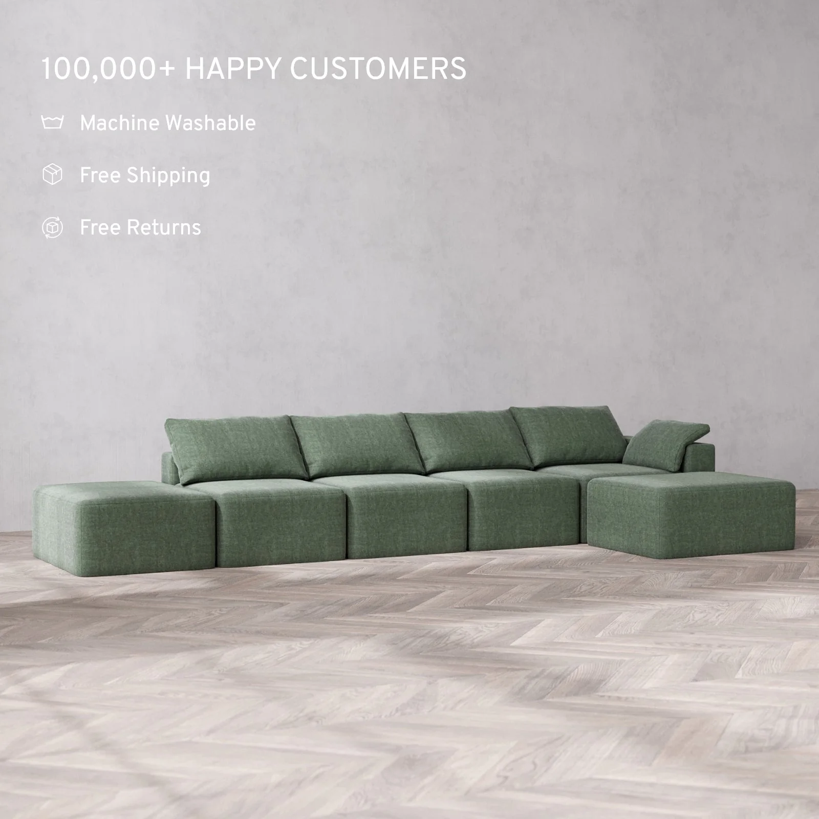 Slipcover Only - Modular Washable 4-Seater Open End Chaise Sectional Cloud Sofa in Sage | Right-Facing Arm - Image 2