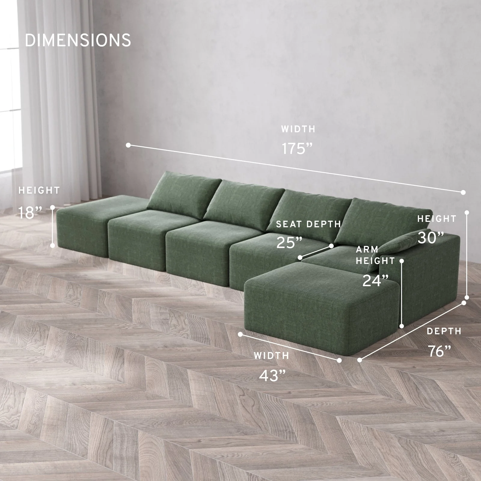 Slipcover Only - Modular Washable 4-Seater Open End Chaise Sectional Cloud Sofa in Sage | Right-Facing Arm - Image 5