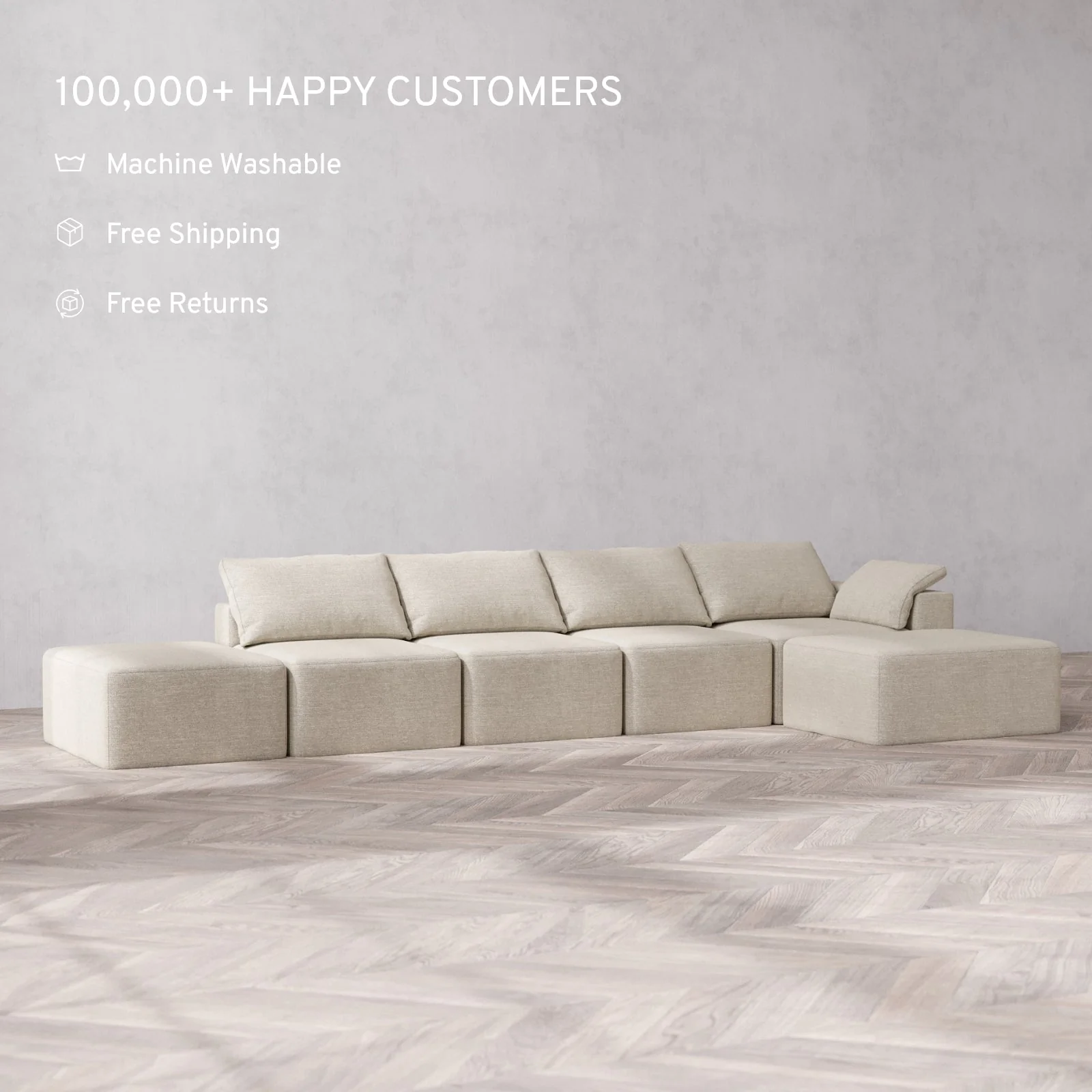 Slipcover Only - Modular Washable 4-Seater Open End Chaise Sectional Cloud Sofa in Sandstone | Right-Facing Arm - Image 2