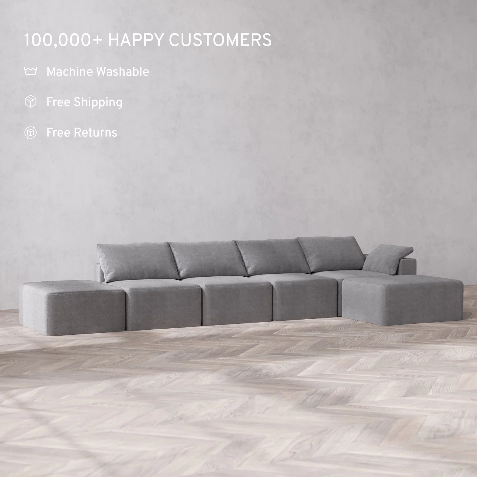 Slipcover Only - Modular Washable 4-Seater Open End Chaise Sectional Cloud Sofa in Slate | Right-Facing Arm - Image 2