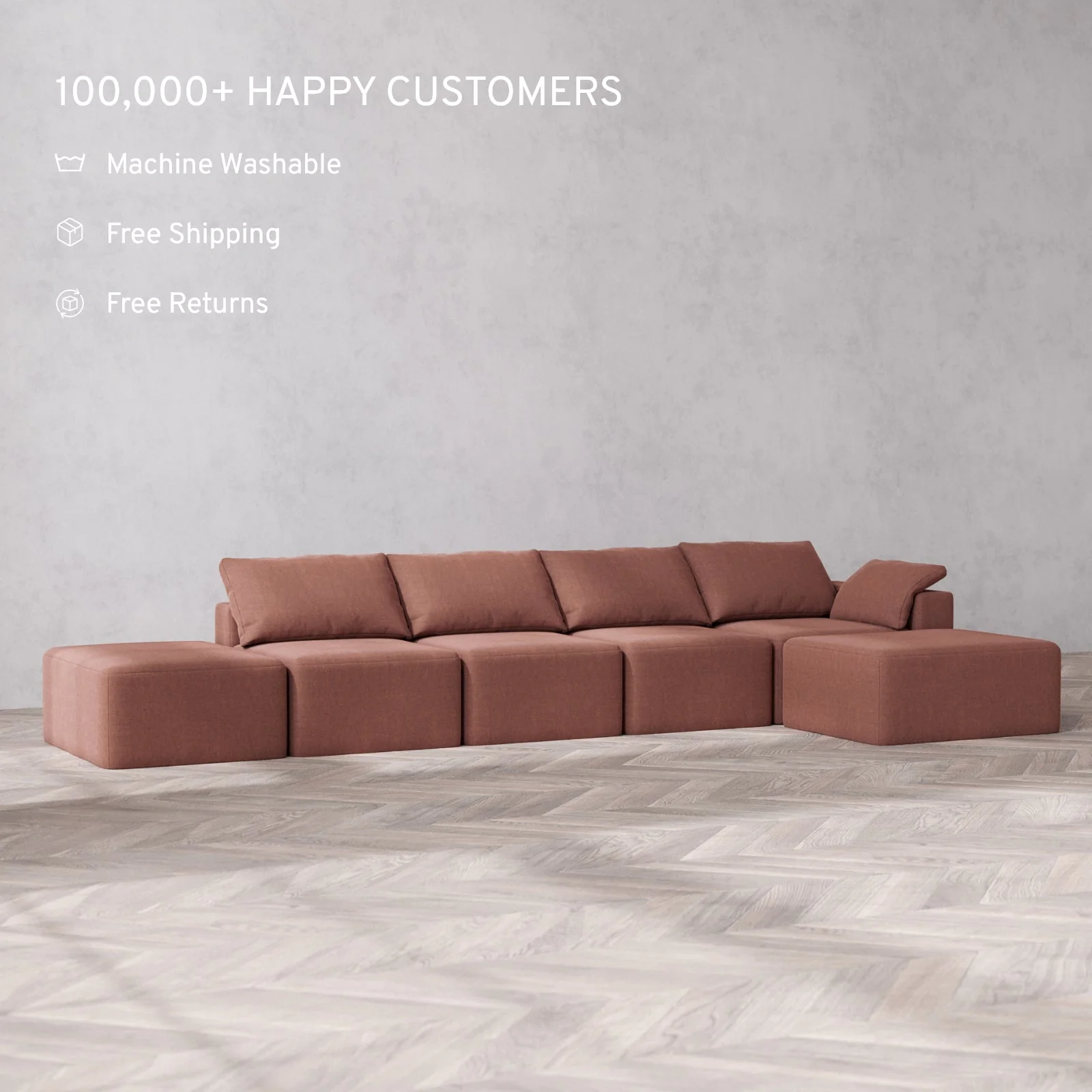 Slipcover Only - Modular Washable 4-Seater Open End Chaise Sectional Cloud Sofa in Sumac | Right-Facing Arm - Image 2