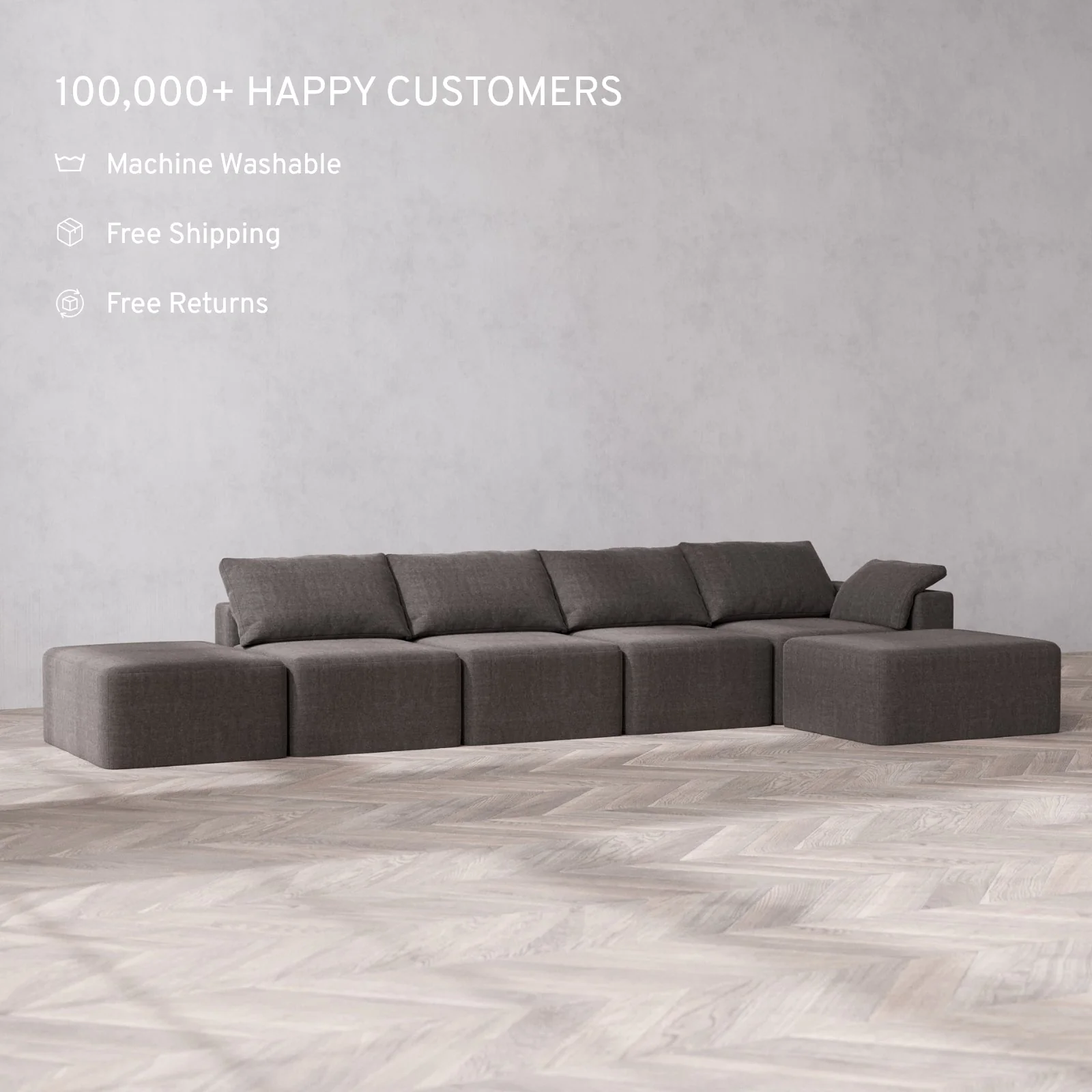 Slipcover Only - Modular Washable 4-Seater Open End Chaise Sectional Cloud Sofa in Truffle | Right-Facing Arm - Image 2