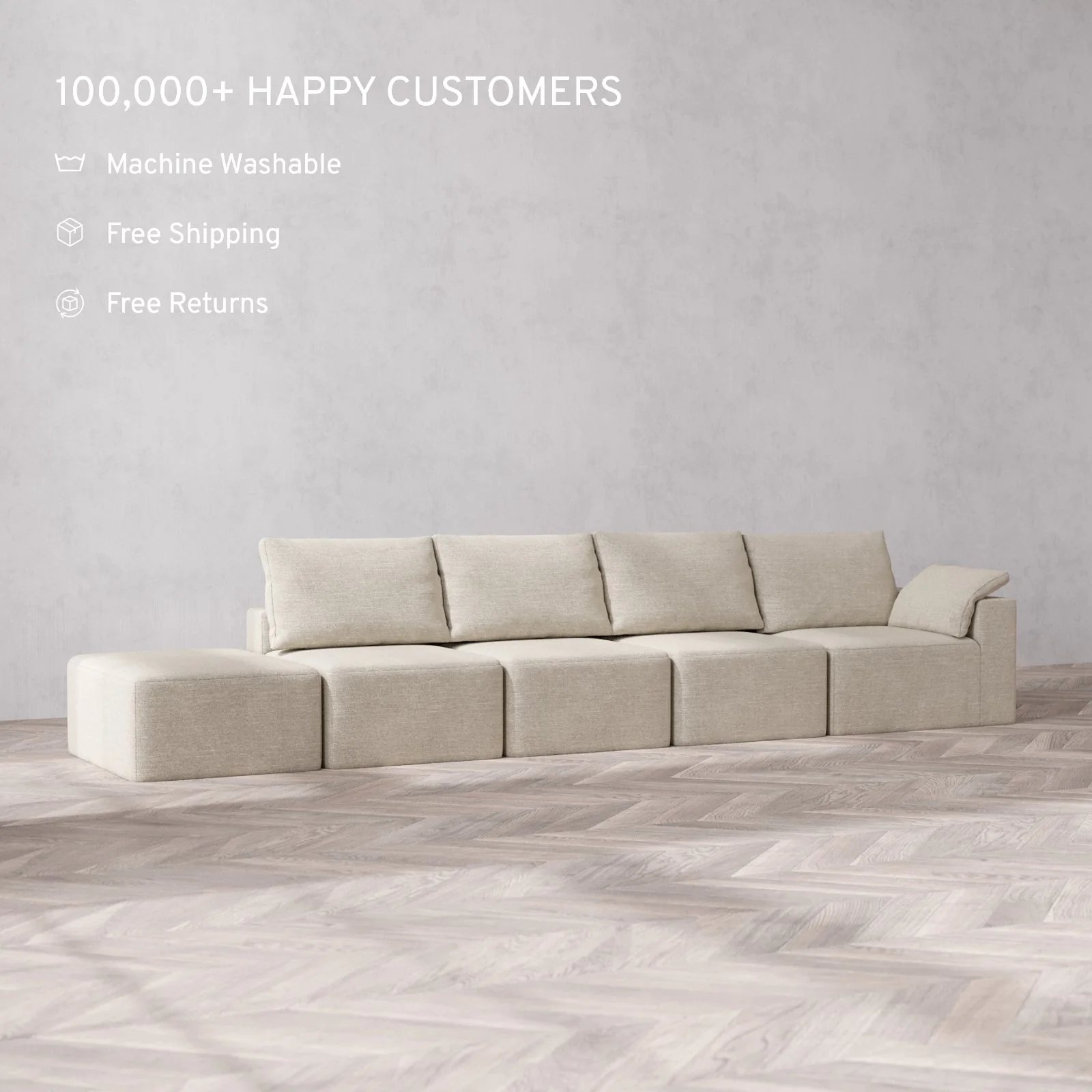 Slipcover Only - Modular Washable 4-Seater Open End Cloud + Bolster Sofa in Sandstone | Right-Facing Arm - Image 2
