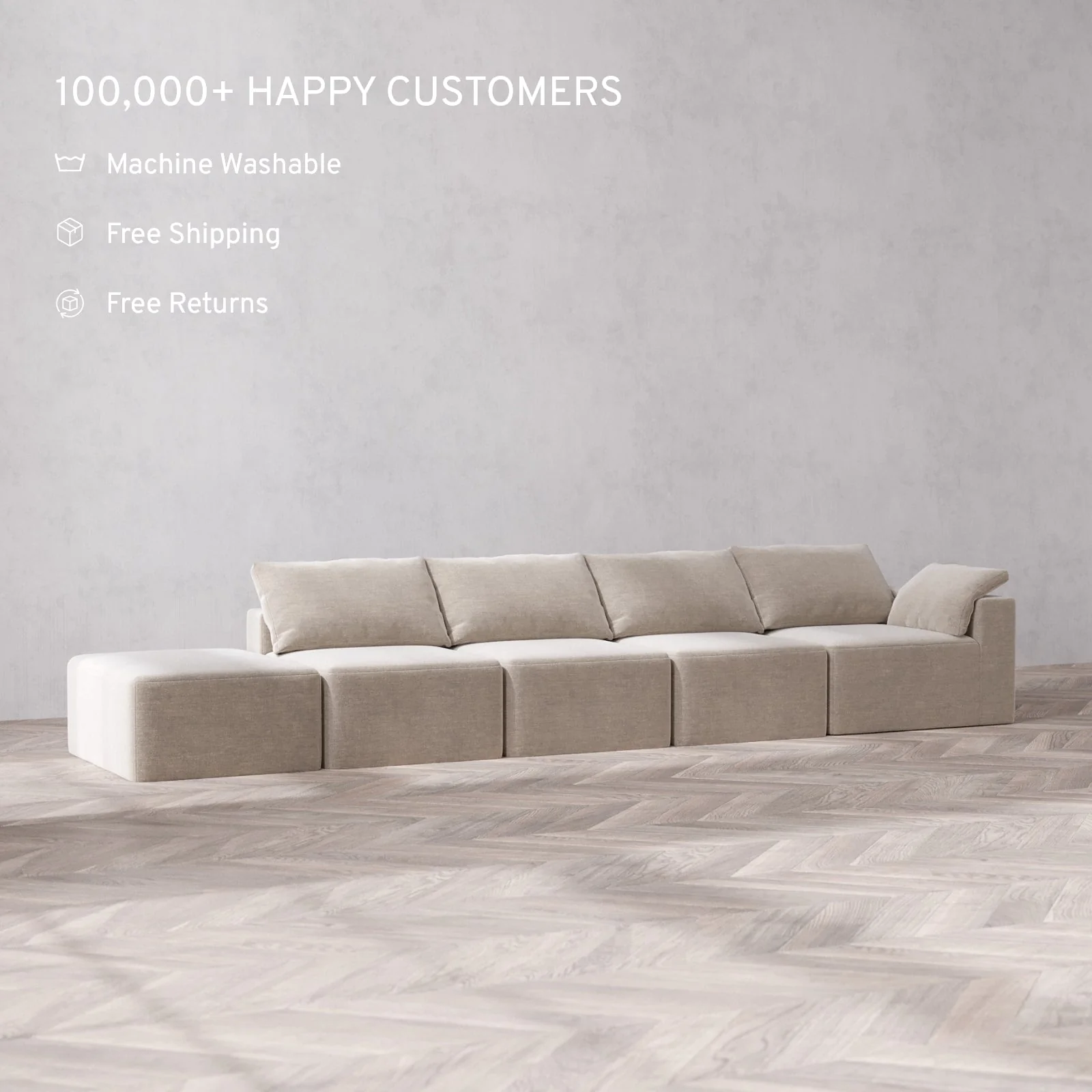Slipcover Only - Modular Washable 4-Seater Open End Cloud Sofa in Caraway | Right-Facing Arm - Image 2