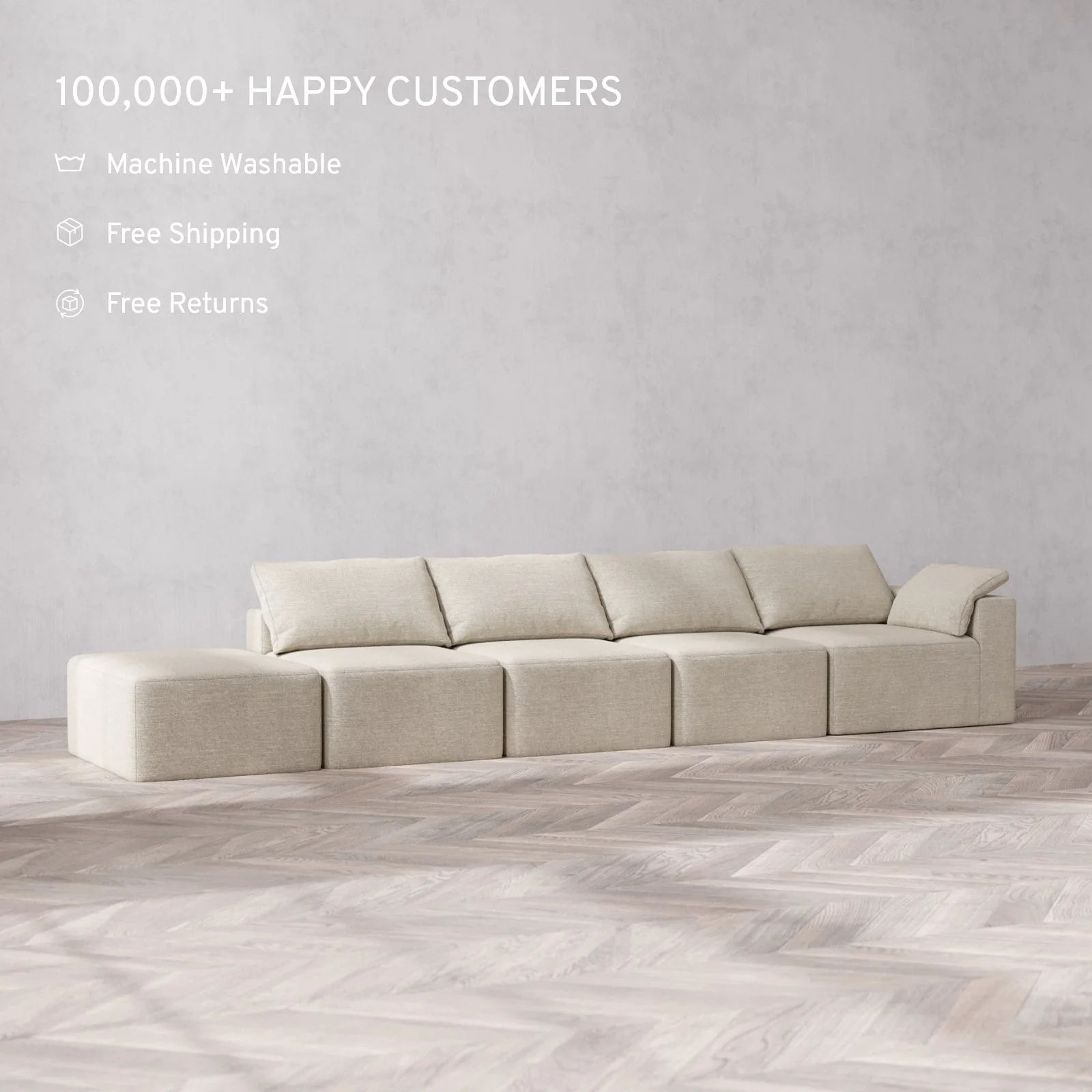 Slipcover Only - Modular Washable 4-Seater Open End Cloud Sofa in Sandstone | Right-Facing Arm - Image 2