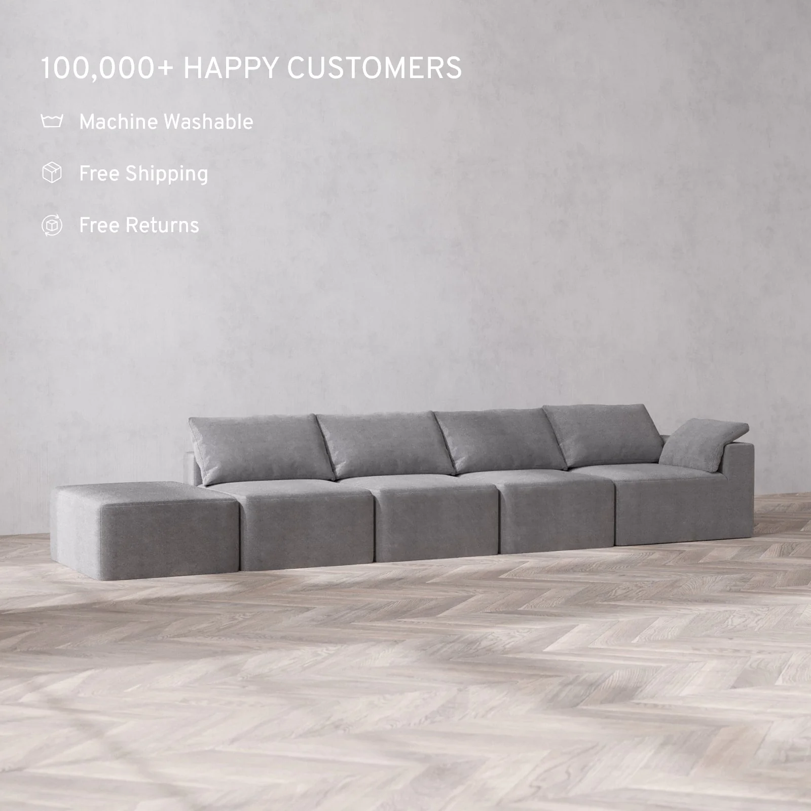 Slipcover Only - Modular Washable 4-Seater Open End Cloud Sofa in Slate | Right-Facing Arm - Image 2