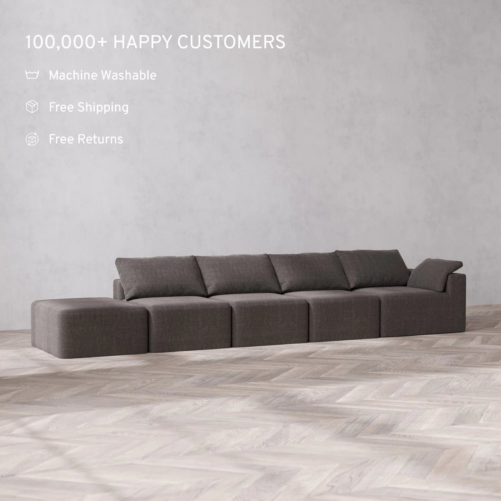 Slipcover Only - Modular Washable 4-Seater Open End Cloud Sofa in Truffle | Right-Facing Arm - Image 2