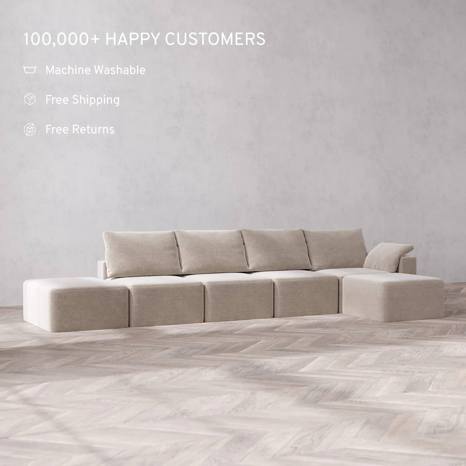 Slipcover Only - Modular Washable 4-Seater Open End Sectional Cloud + Bolster Sofa in Caraway | Right-Facing Arm - Image 2